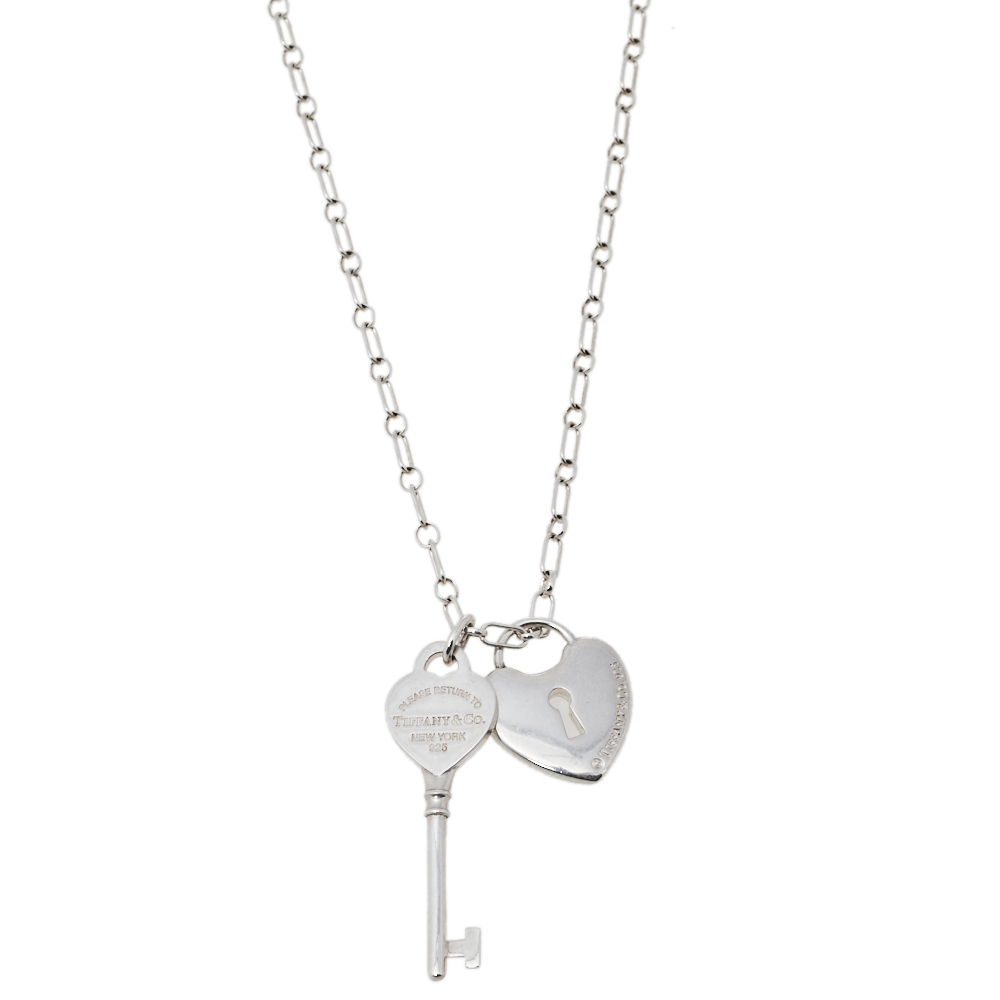 Pre-owned Tiffany & Co Sterling Silver Heart Lock & Key Charm Pendant Necklace