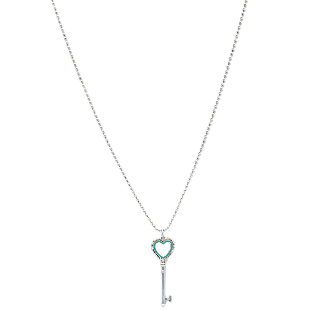 Pre-owned Tiffany & Co Tiffany Keys Enamel Silver Beaded Heart Key Pendant Necklace