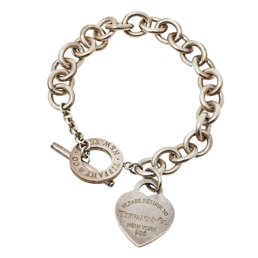 Pre-owned Tiffany & Co Return To Tiffany Heart Tag Silver Chain Link Toggle Bracelet