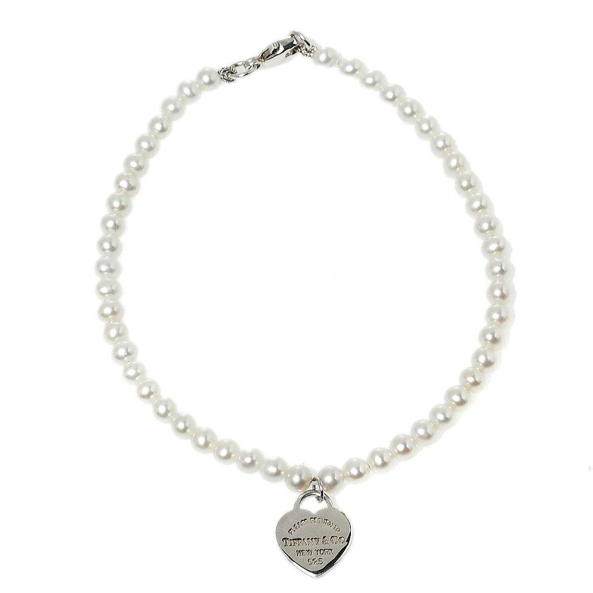 Pre-owned Tiffany & Co Sterling Silver Mini Heart Tag Freshwater Pearl Bracelet