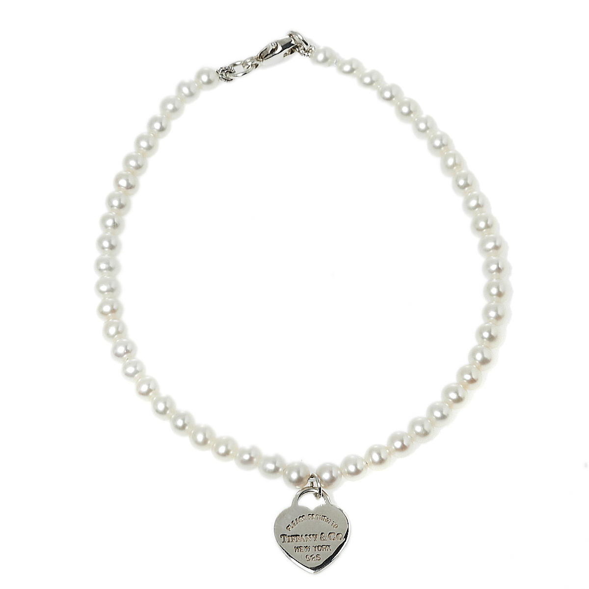 Pre Owned Tiffany & Co. Sterling Silver Mini Heart Tag Freshwater Pearl Bracelet