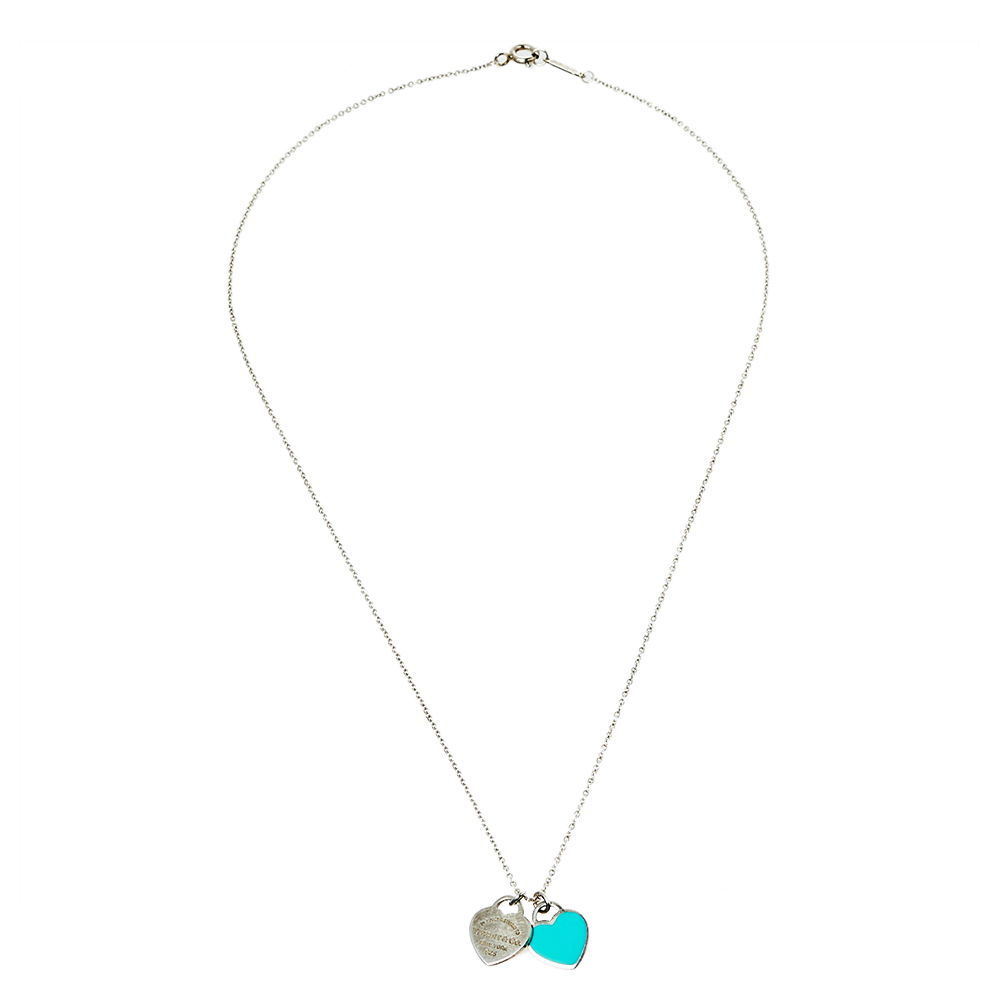 

Tiffany & Co. Return To Tiffany Blue Enamel Double Heart Tag Pendant Necklace