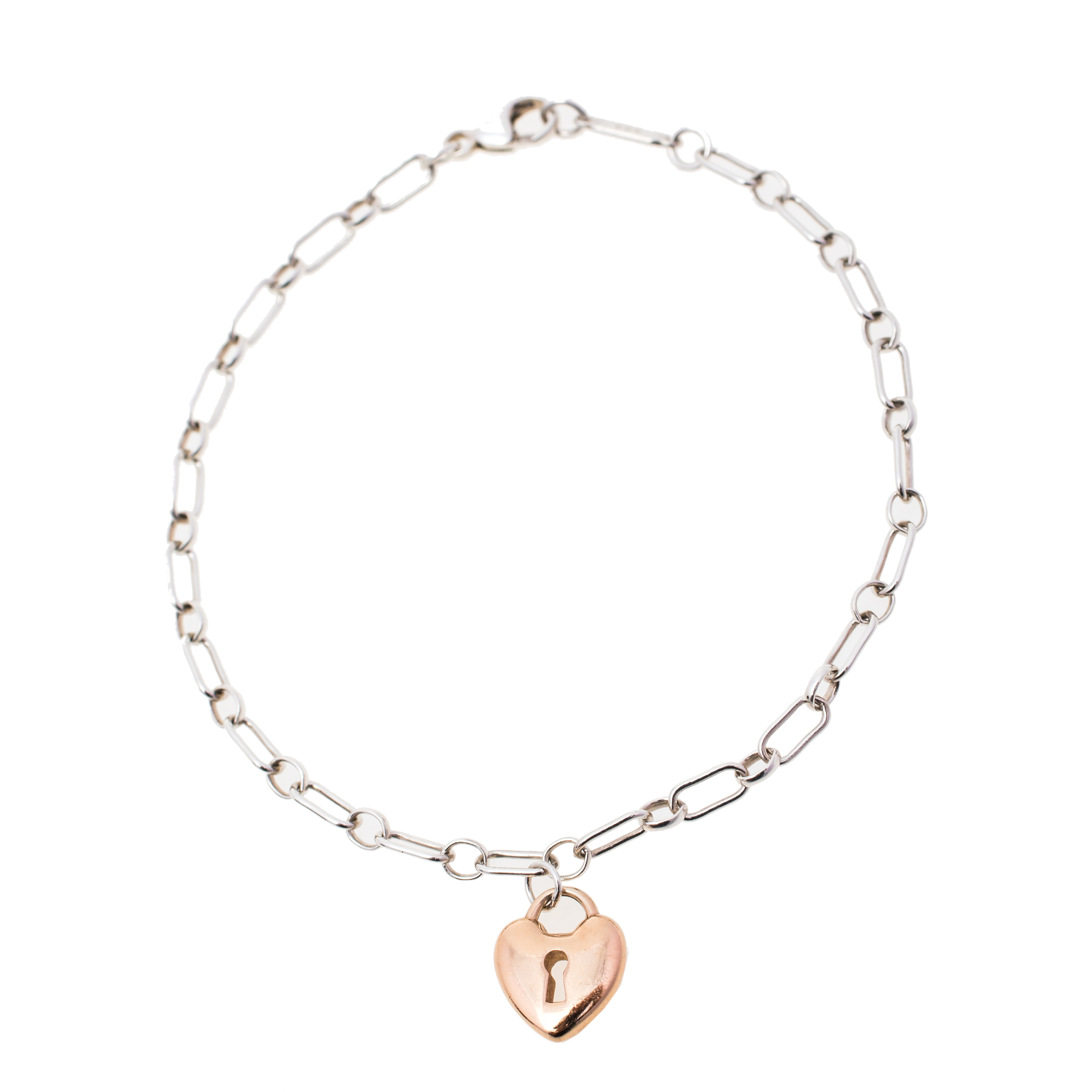 

Tiffany & Co. 18K Rose Gold Heart Lock Charm Sterling Silver Bracelet