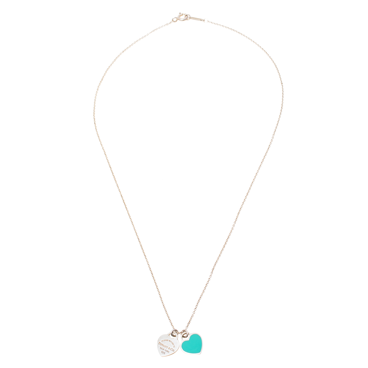 

Tiffany & Co. Return to Tiffany Blue Enamel Mini Double Heart Tag Silver Pendant Necklace, Pink