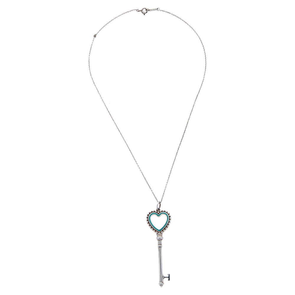 

Tiffany & Co. Sterling Silver Enamel Beaded Heart Key Pendant Necklace