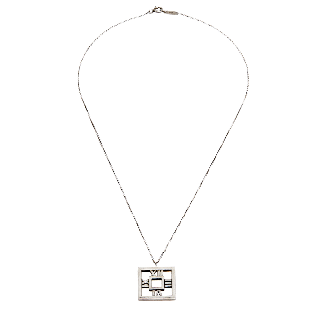 

Tiffany & Co. Square Atlas Open Silver Pendant Necklace