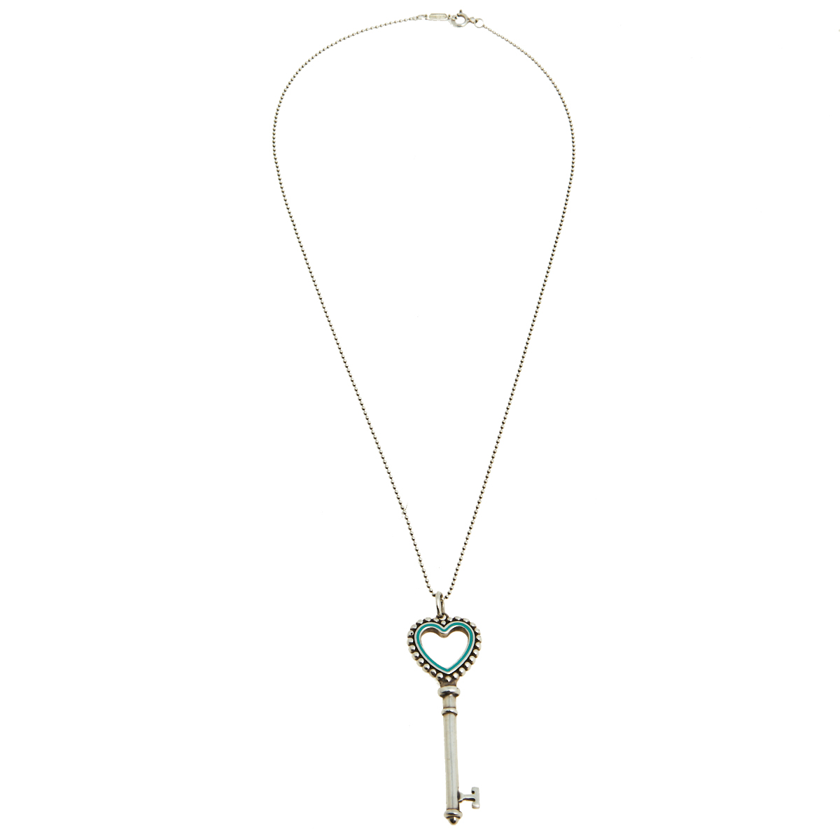 

Tiffany & Co. Enamel Beaded Heart Key Silver Pendant Necklace