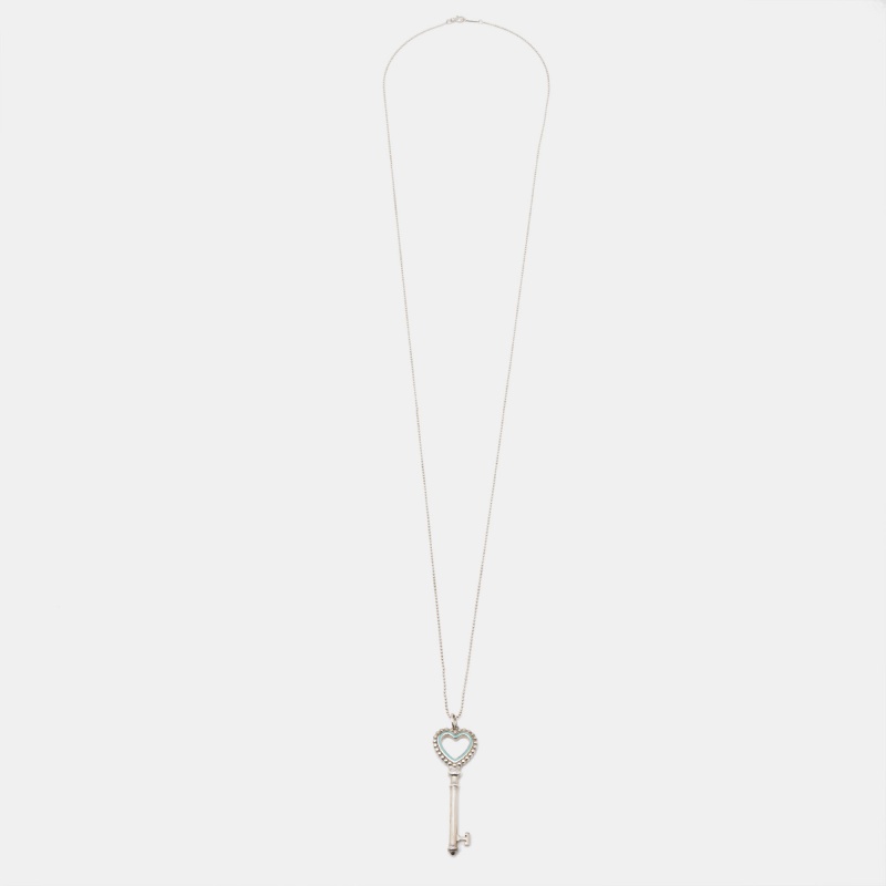 

Tiffany & Co. Tiffany Keys Enamel Heart Key Pendant Silver Beaded Necklace