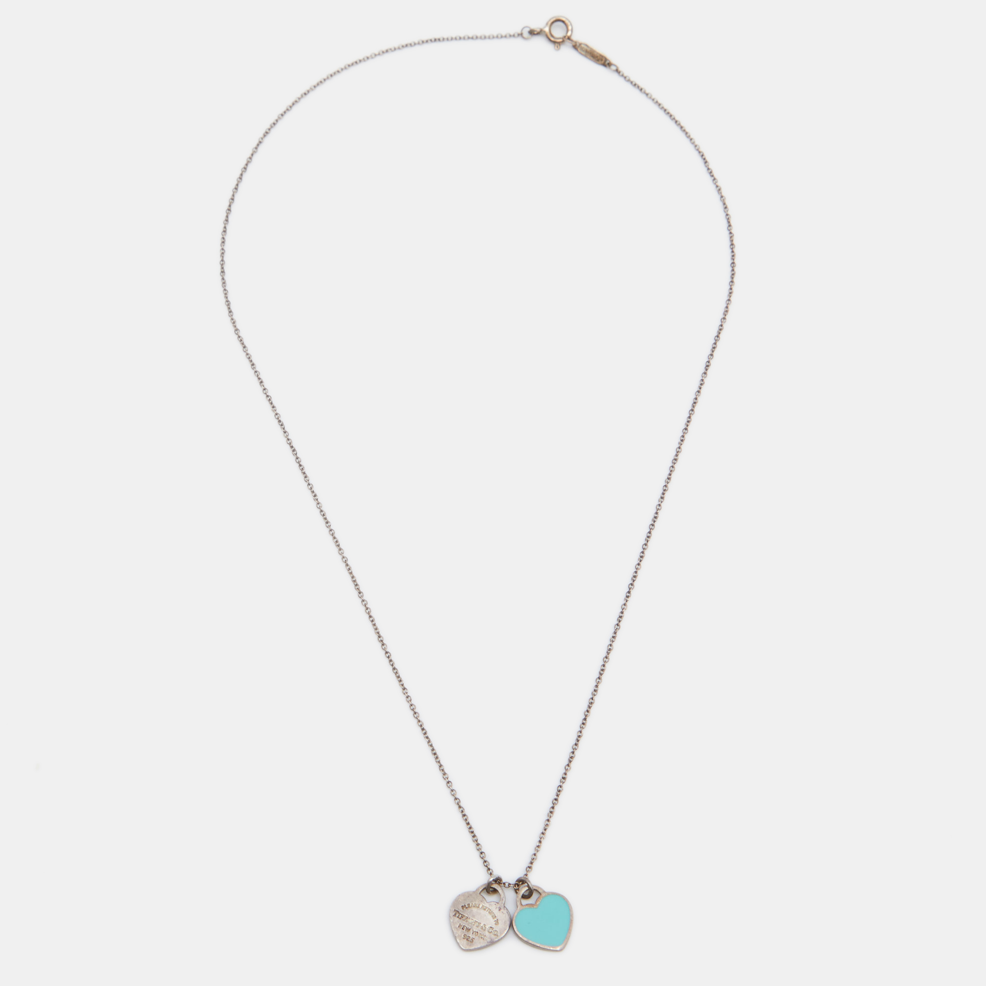 

Tiffany & Co. Return To Tiffany Blue Enamel Double Heart Tag Pendant Necklace