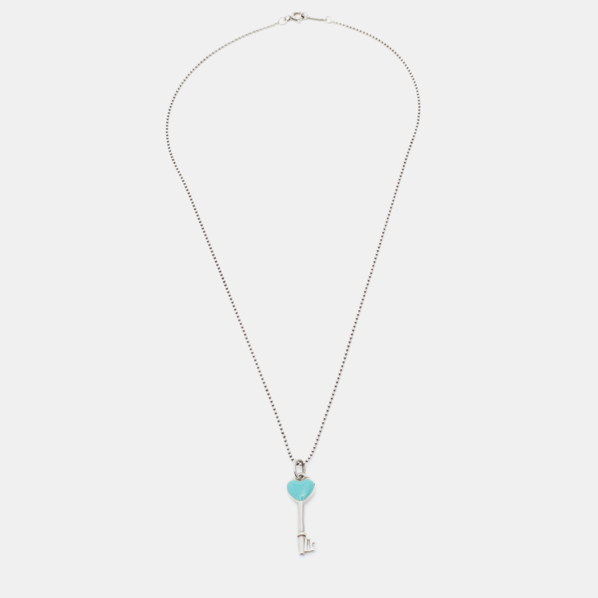 

Tiffany & Co. Sterling Silver Blue Enamel Heart Key Pendant Necklace
