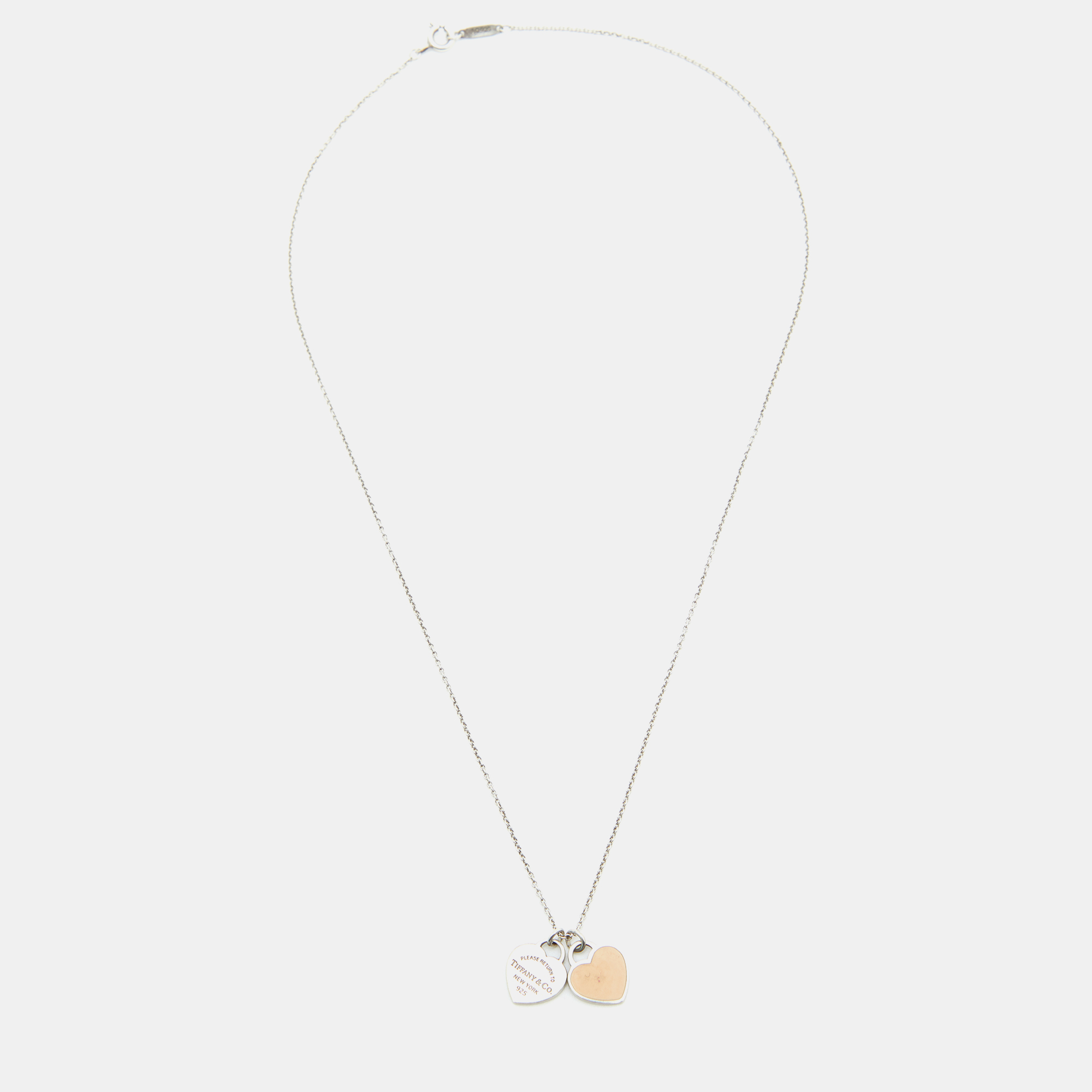 

Tiffany & Co. Return To Tiffany Pink Enamel Double Heart Tag Pendant Necklace