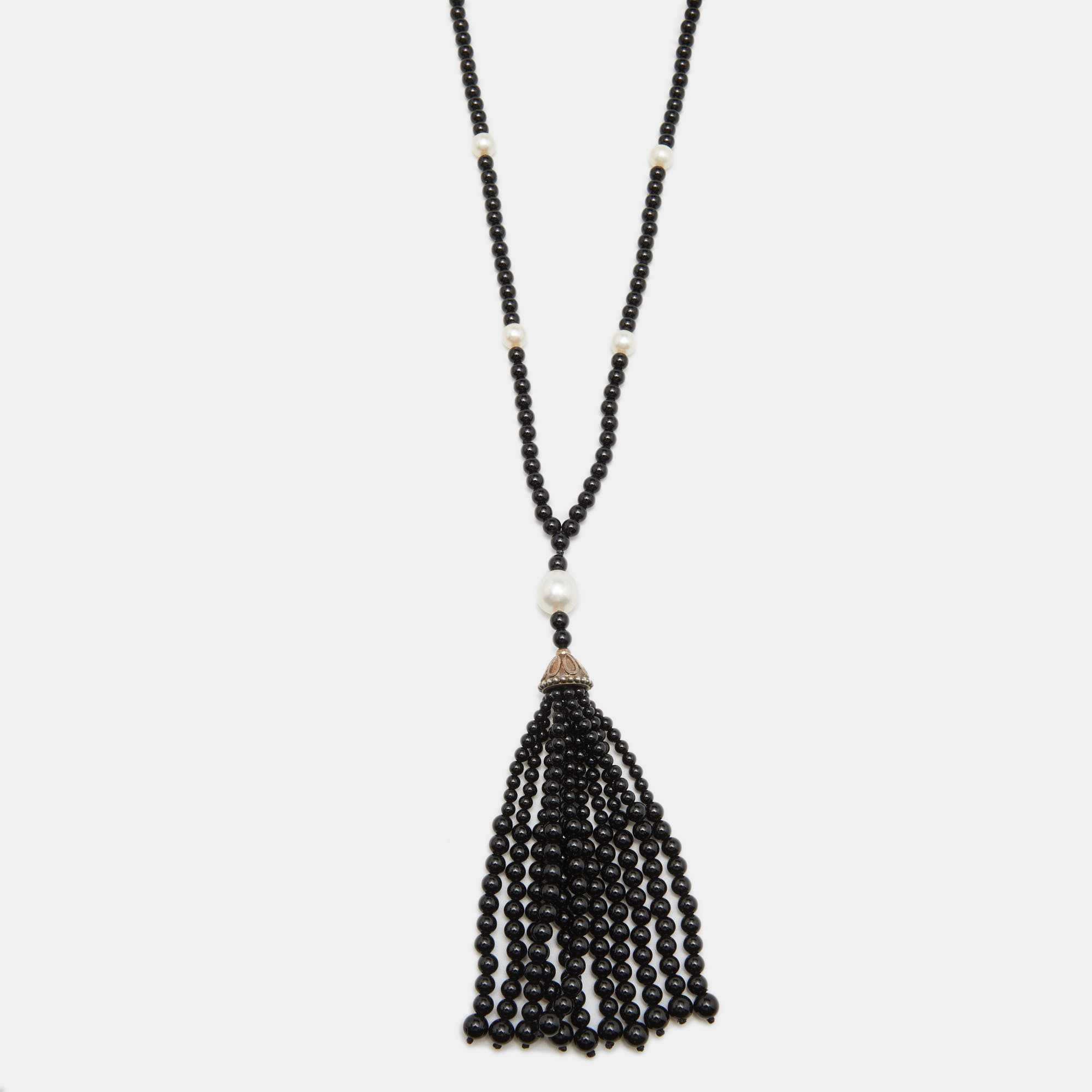 

Tiffany & Co. Ziegfeld Cultured Pearl Onyx Sterling Silver Beaded Tassel Necklace