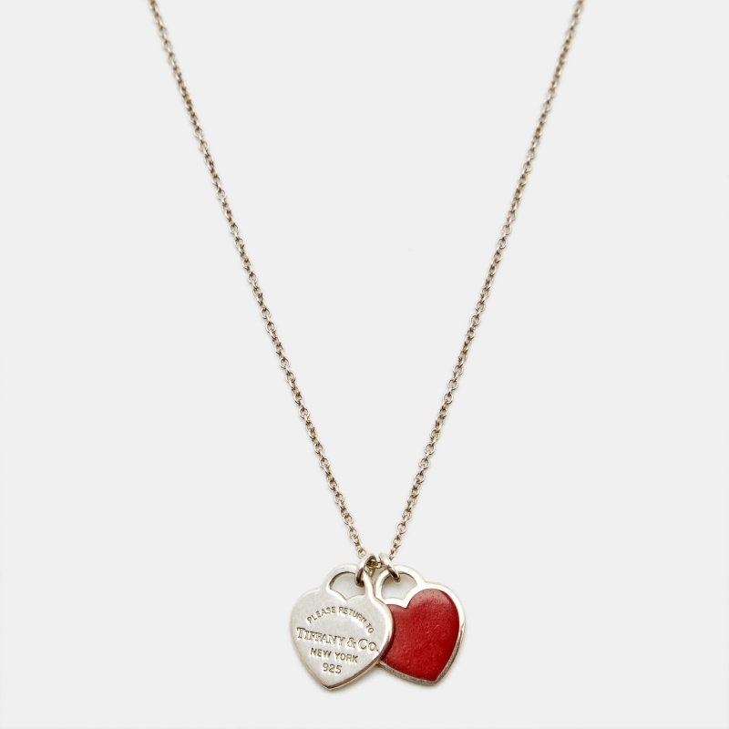 

Tiffany & Co. Return to Tiffany Enamel Double Heart Sterling Silver Necklace