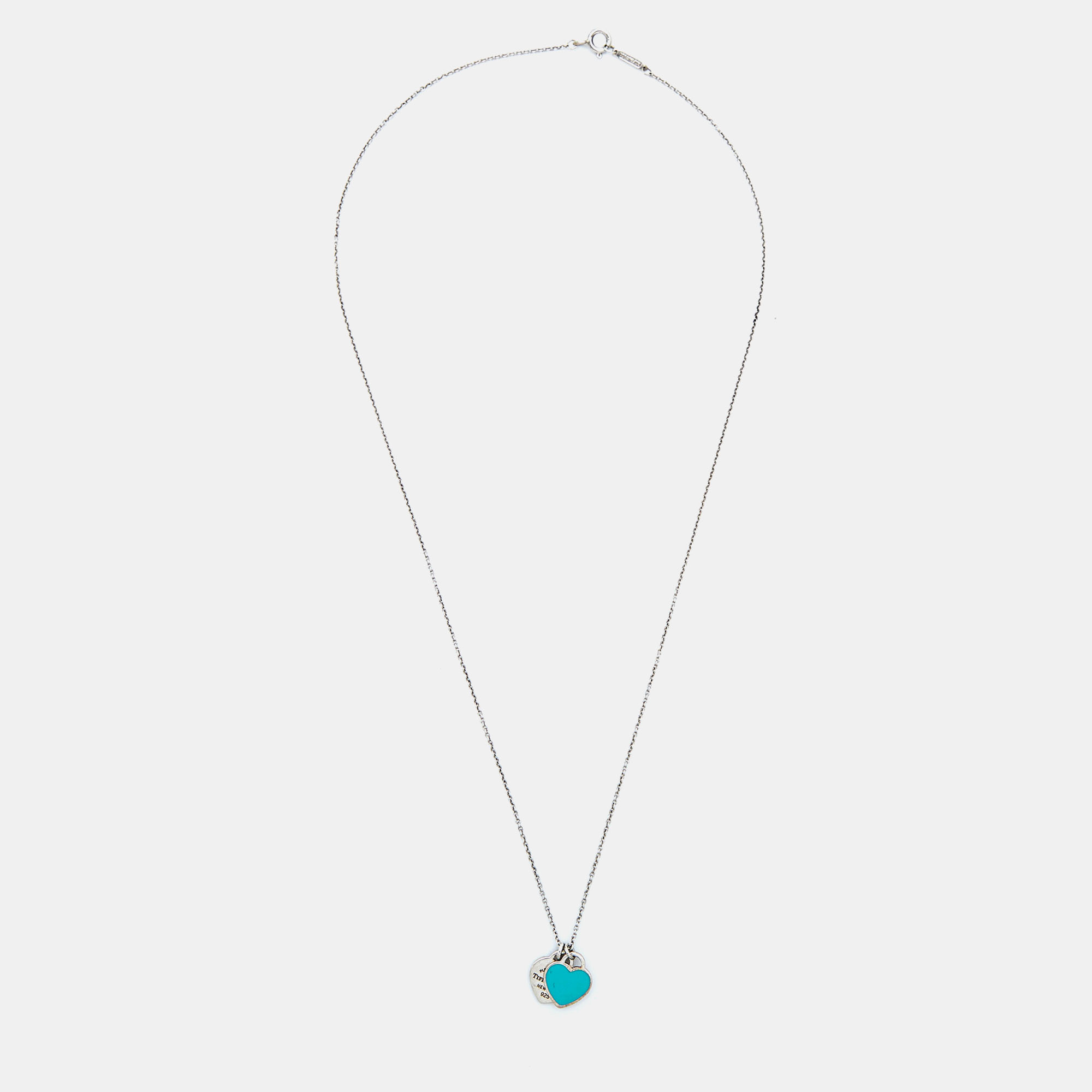 

Tiffany & Co. Return To Tiffany Blue Enamel Double Heart Tag Pendant Necklace
