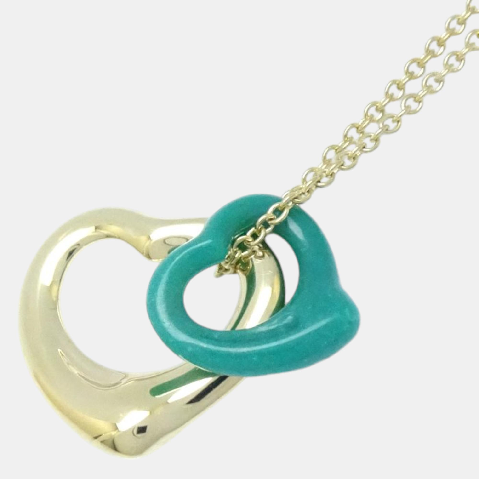 

Tiffany & Co. 18K Yellow Gold Turquoise Elsa Peretti Double Open Heart Pendant Necklace