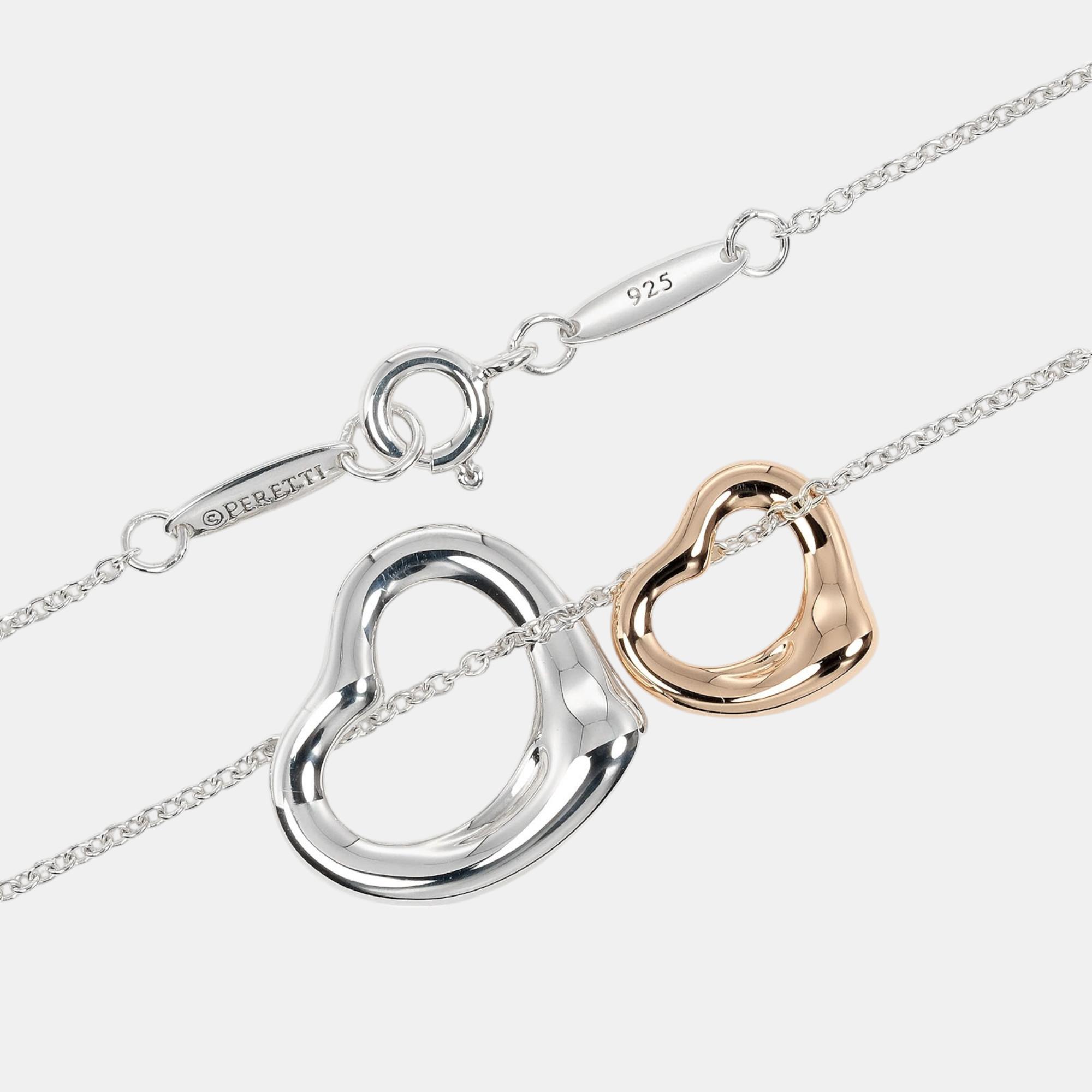 Tiffany & Co. Silver and 18K Pink Gold Double Open Heart Necklace 