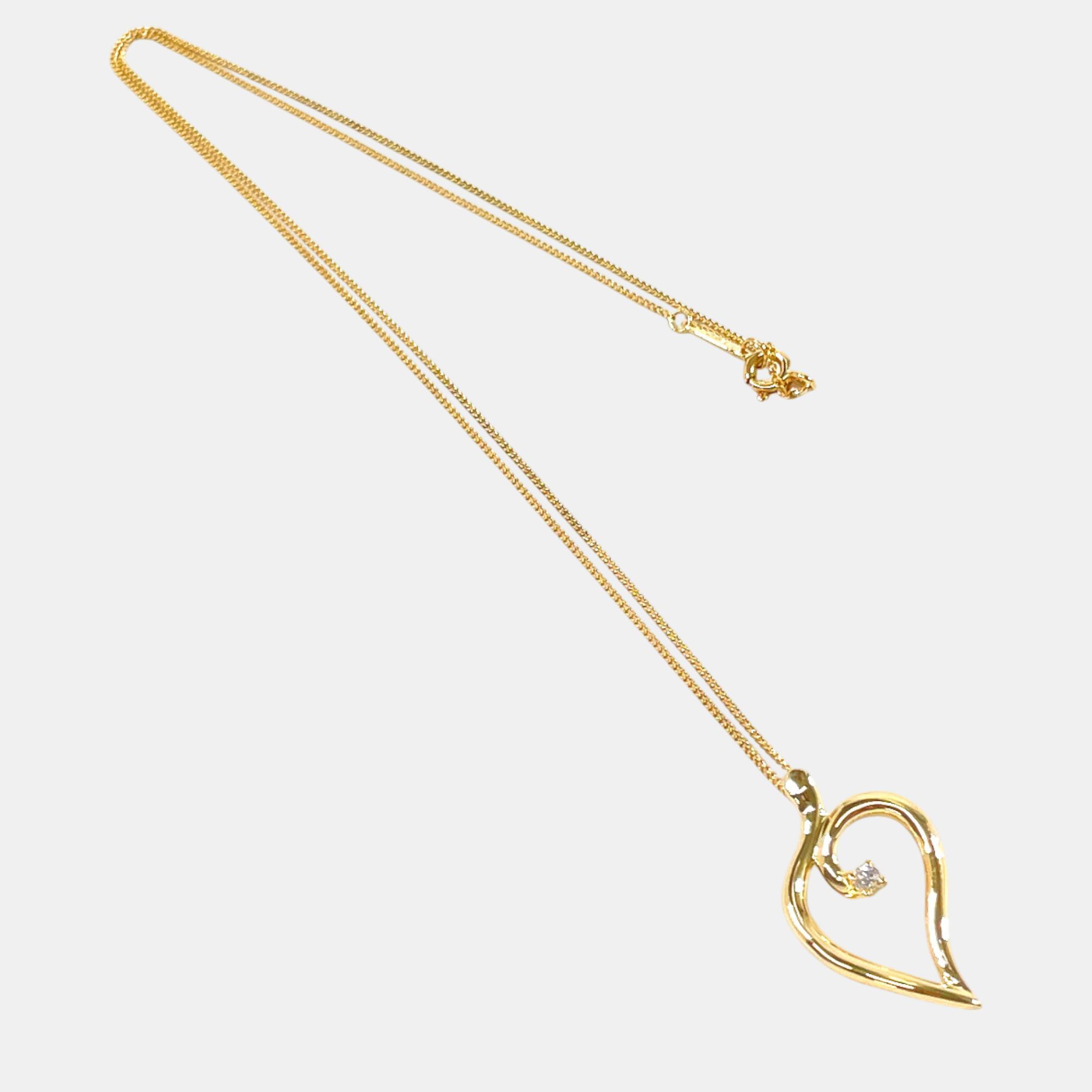Tiffany & Co. 18K Yellow Gold Diamond Vintage Open Heart Leaf Pendant Necklace 