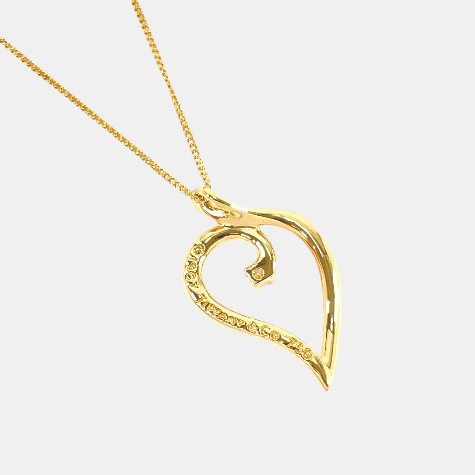 Tiffany & Co. 18K Yellow Gold Diamond Vintage Open Heart Leaf Pendant Necklace 