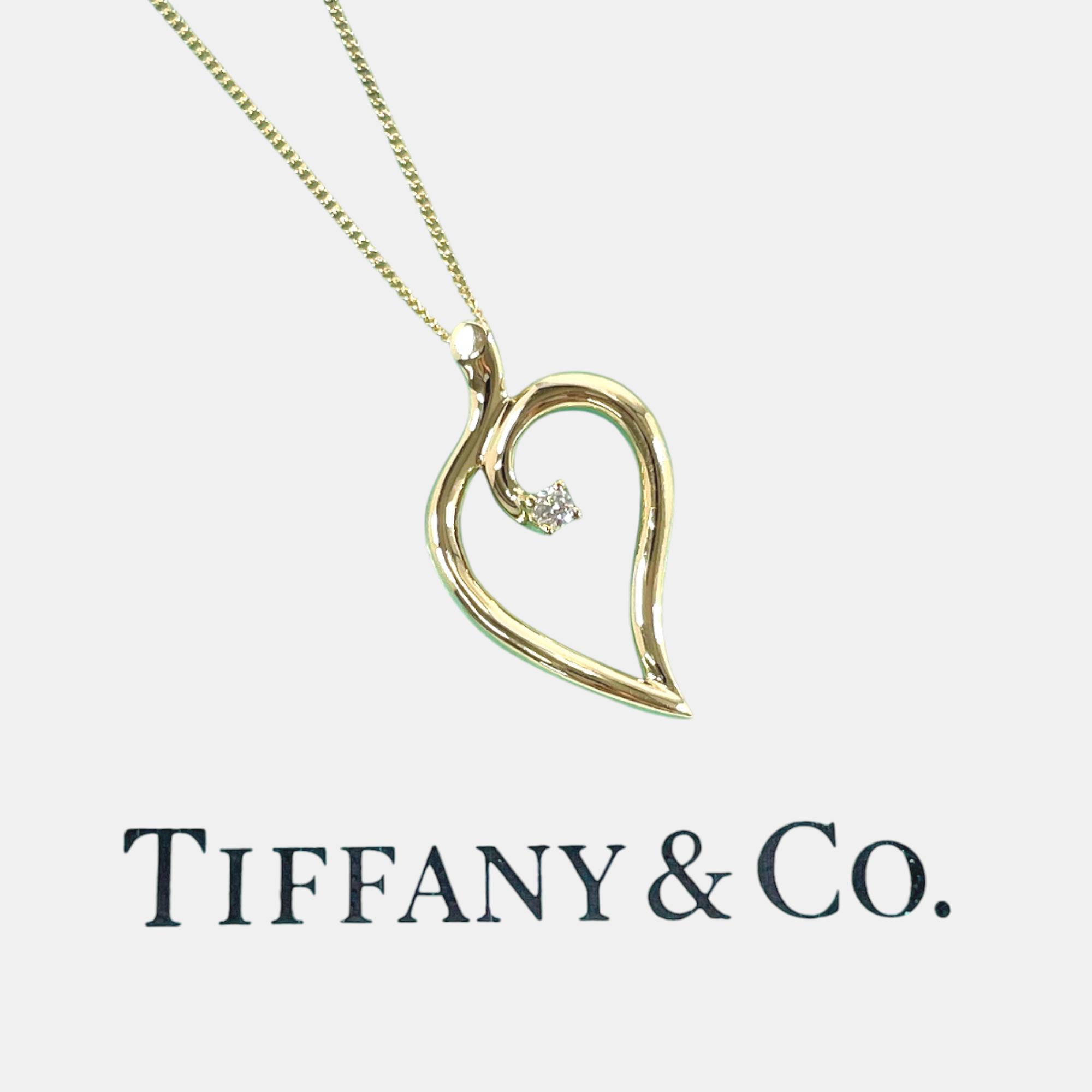 Tiffany & Co. 18K Yellow Gold Diamond Vintage Open Heart Leaf Pendant Necklace 