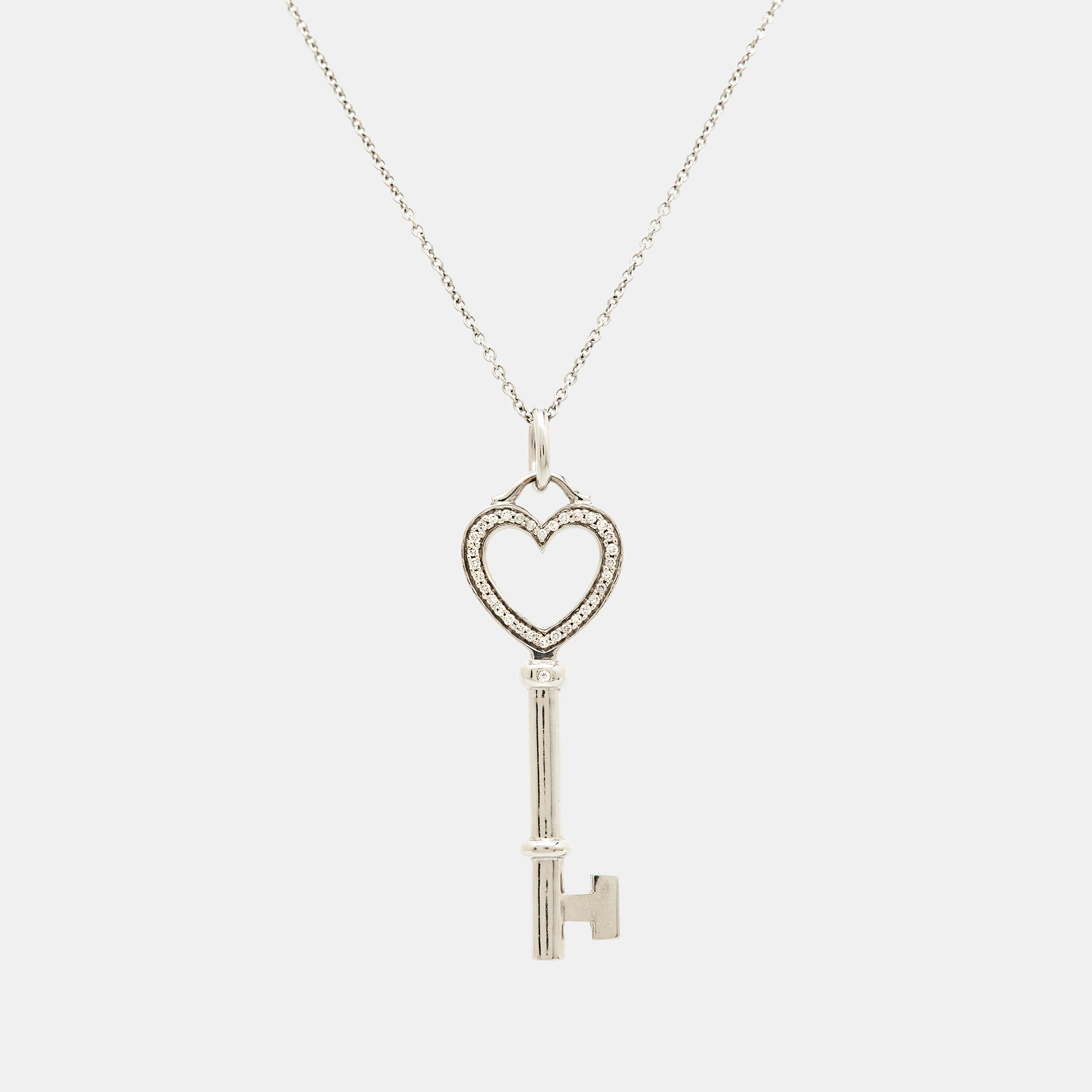 Tiffany & Co. Tiffany Keys Diamond 18K White Gold Heart Key Pendant Necklace