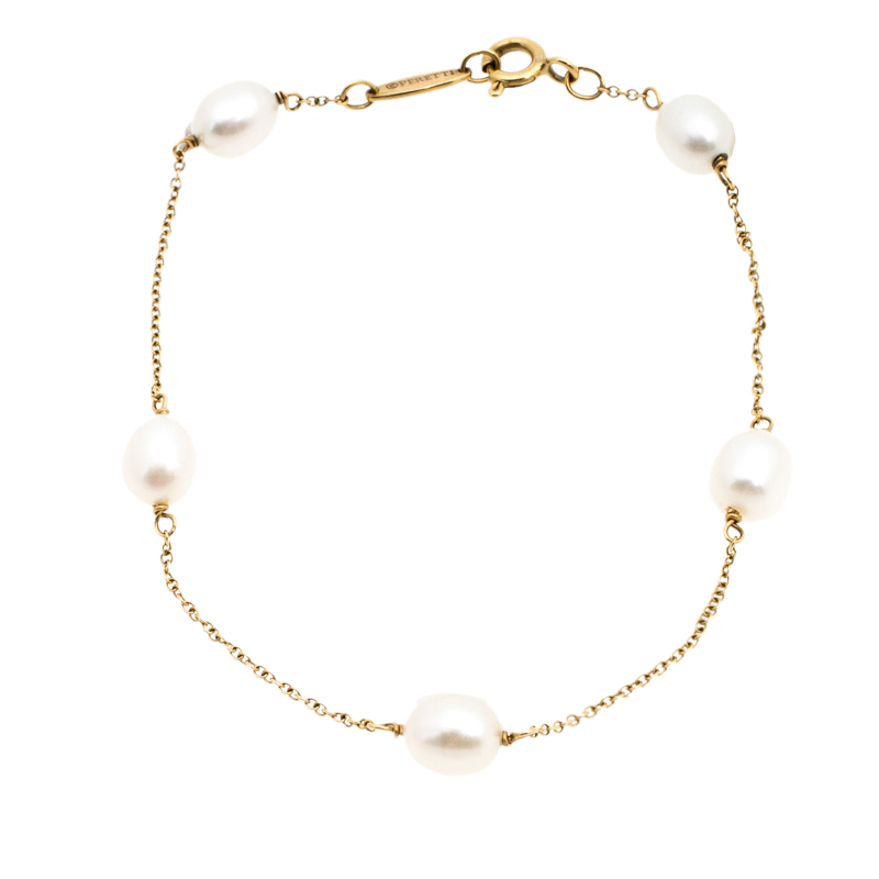 Pre Owned Tiffany & Co. Cultured Pearl 18k Yellow Gold Station Bracelet