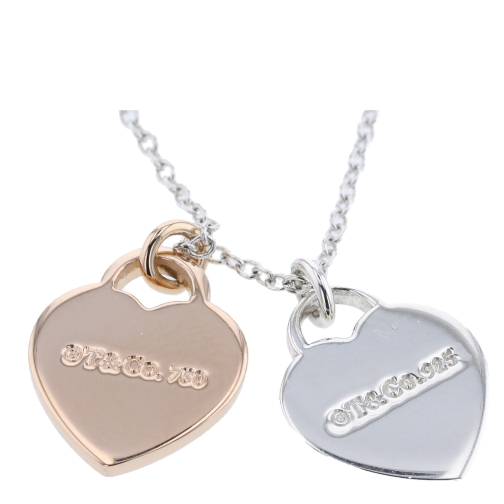 

Tiffany & Co. Mini Double Heart Tag 18K Rose Gold and Silver Necklace, Pink