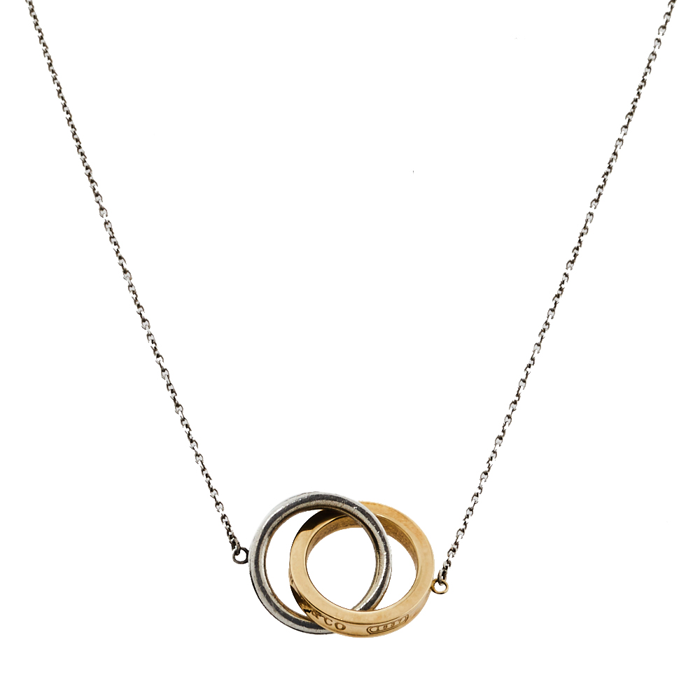Pre Owned Tiffany & Co. Tiffany 1837 Interlocking Circles Silver & 18K Yellow Gold Pendant Necklace