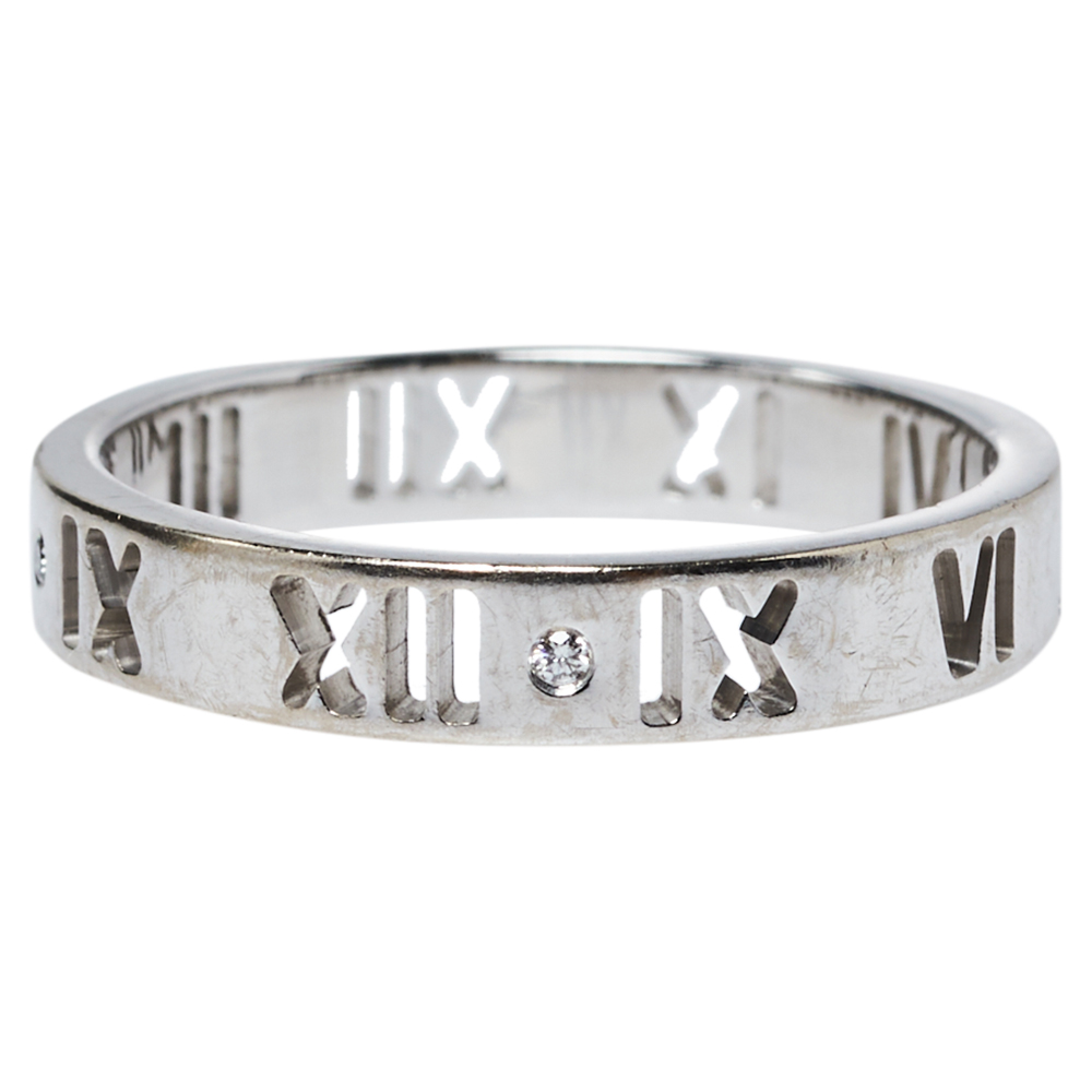 

Tiffany & Co. Atlas Roman Numeral Motif Diamond 18K White Gold Pierced Ring Size
