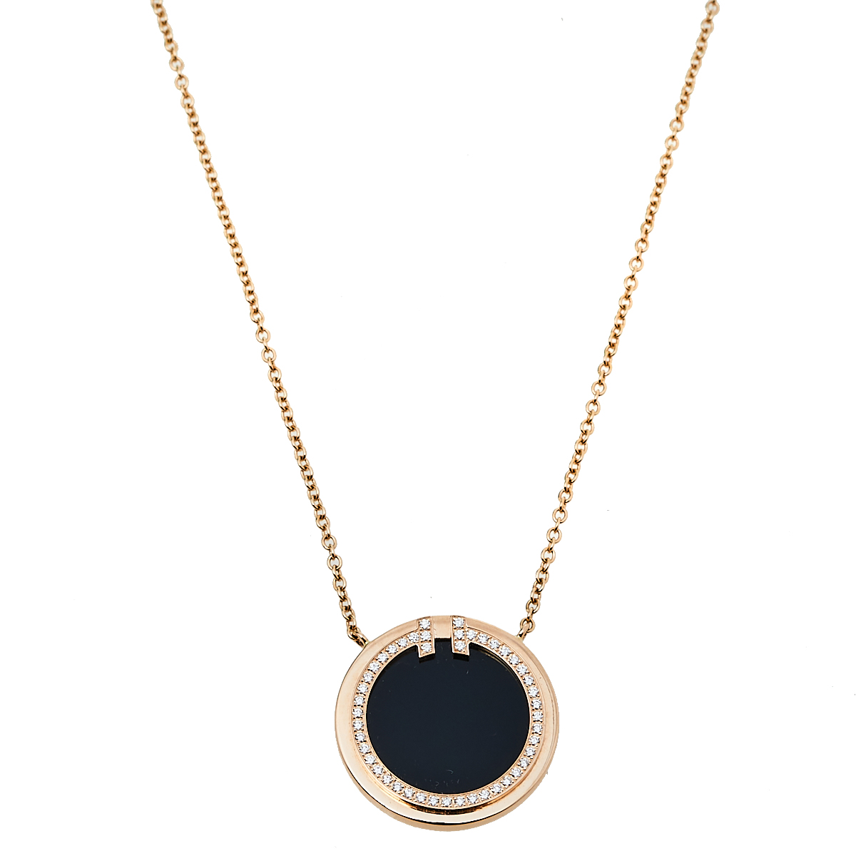 Pre-owned Tiffany & Co Tiffany T Diamond Black Onyx 18k Rose Gold Circle Pendant Necklace