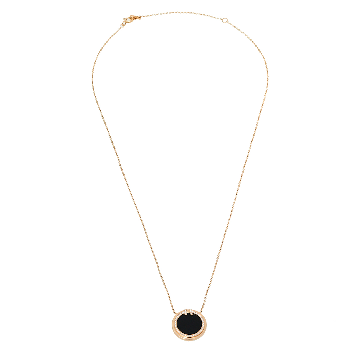 

Tiffany & Co. Tiffany T Diamond Black Onyx 18K Rose Gold Circle Pendant Necklace