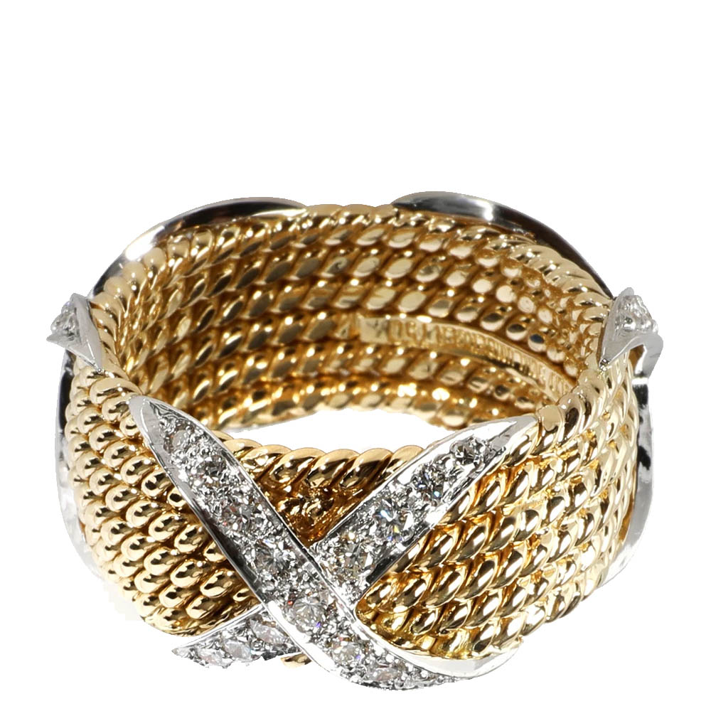 

Tiffany & Co. 18K Yellow Gold 1.00 CTW Diamond Schlumberger Rope Six-Row X Ring Size