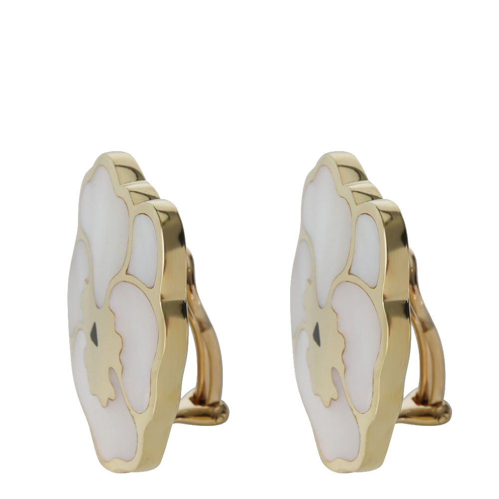 

Tiffany & Co. Angela Cummings Mother of Pearl Inlaid Pansy 18K Yellow Gold Earrings