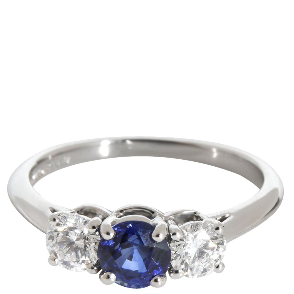 

Tiffany & Co. Blue Three Stone Sapphire Diamond Platinum Ring Size EU