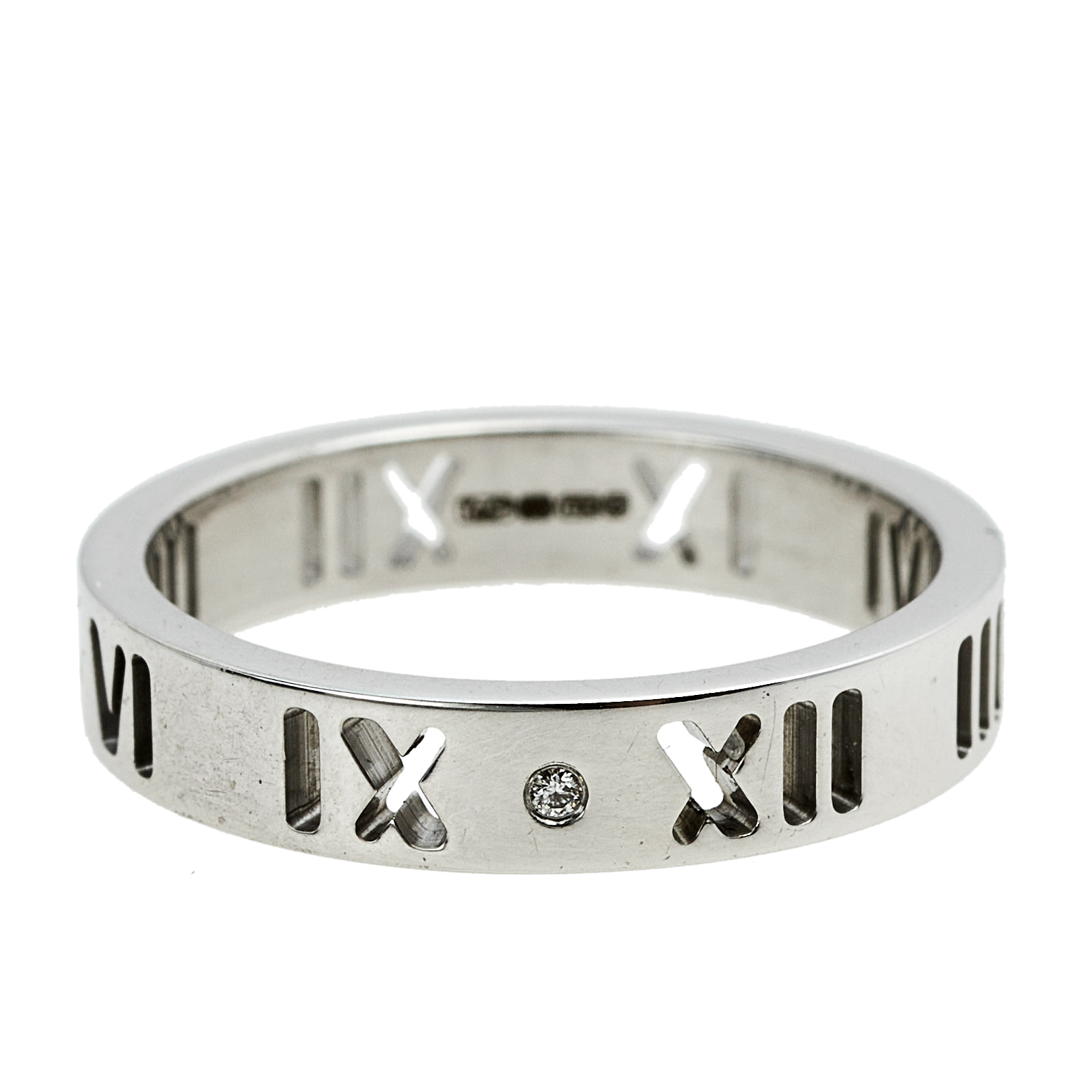 

Tiffany & Co. Atlas Roman Numeral Motif Diamond 18K White Gold Pierced Ring Size