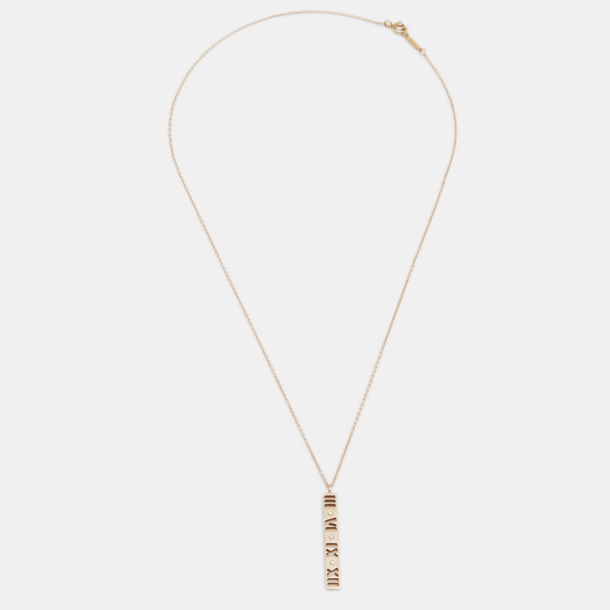 

Tiffany & Co. Atlas Pierced Diamond 18k Rose Gold Bar Pendant Necklace