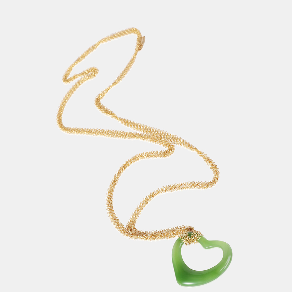 

Tiffany & Co. Elsa Peretti Open Heart 18K Yellow Gold Green Jade Necklace