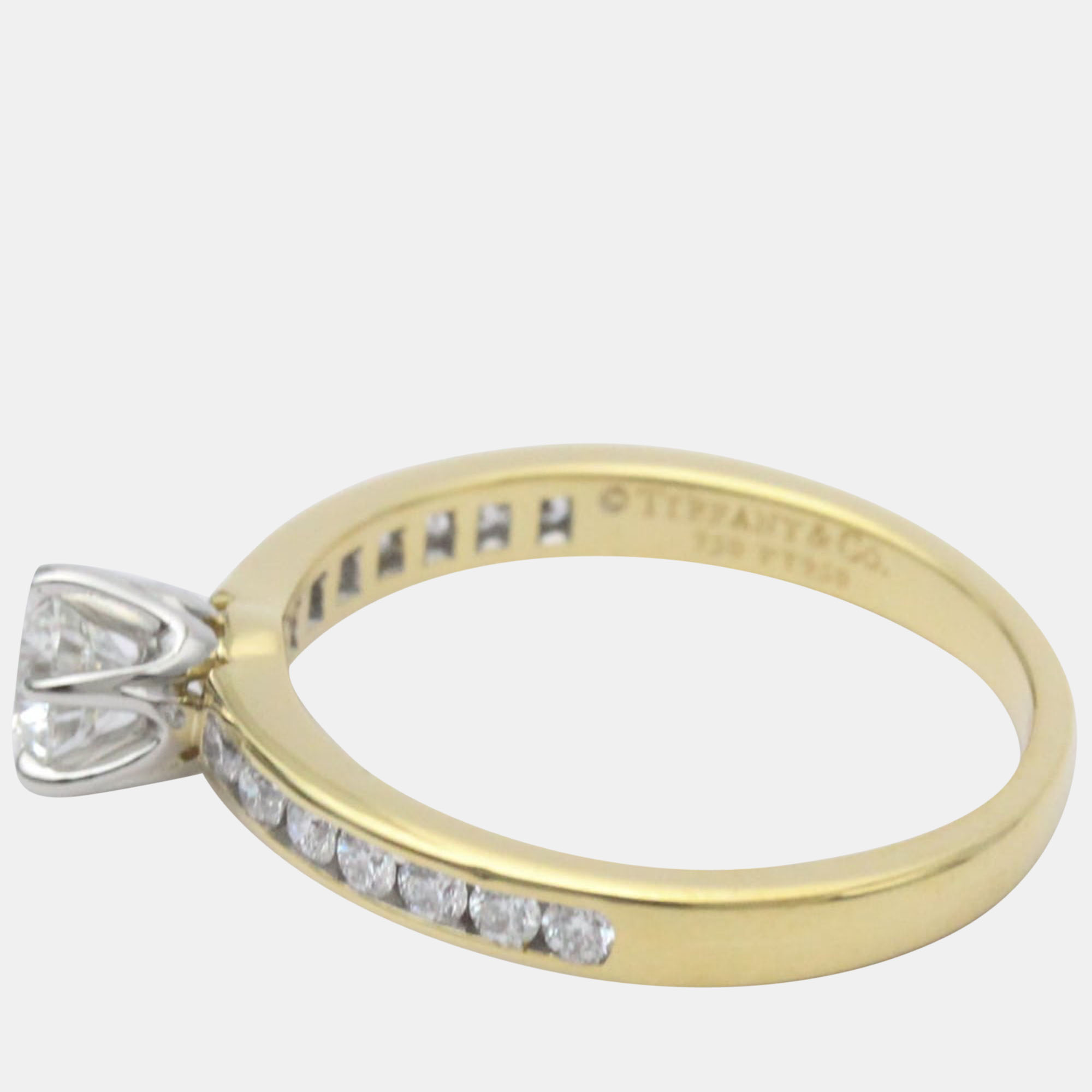 

Tiffany & Co. Solitaire Engagement Channel 18K Yellow Gold Platinum Diamond Ring EU 52