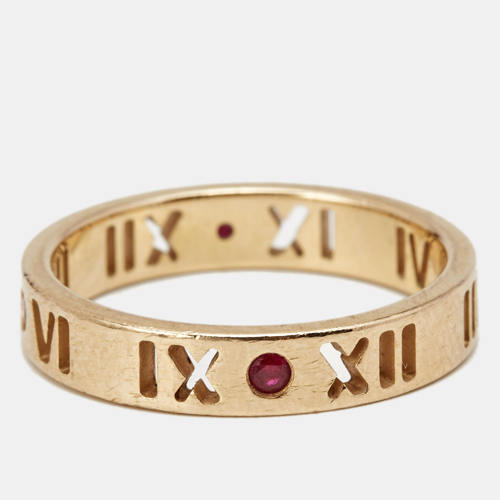 

Tiffany & Co. Atlas Pierced Rubies 18k Rose Gold Band Ring Size