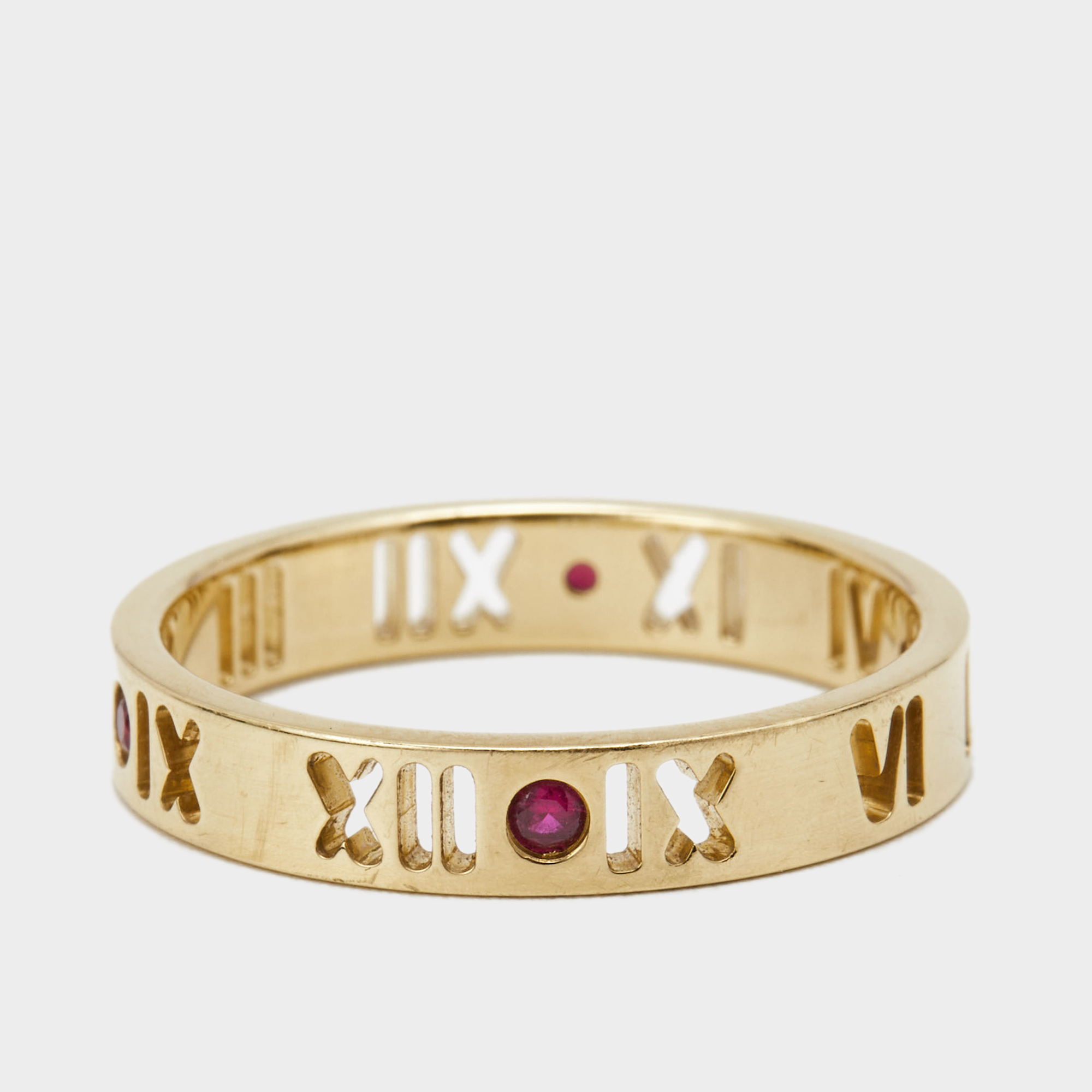 

Tiffany & Co. Atlas Pierced Rubies 18k Yellow Gold Band Ring Size