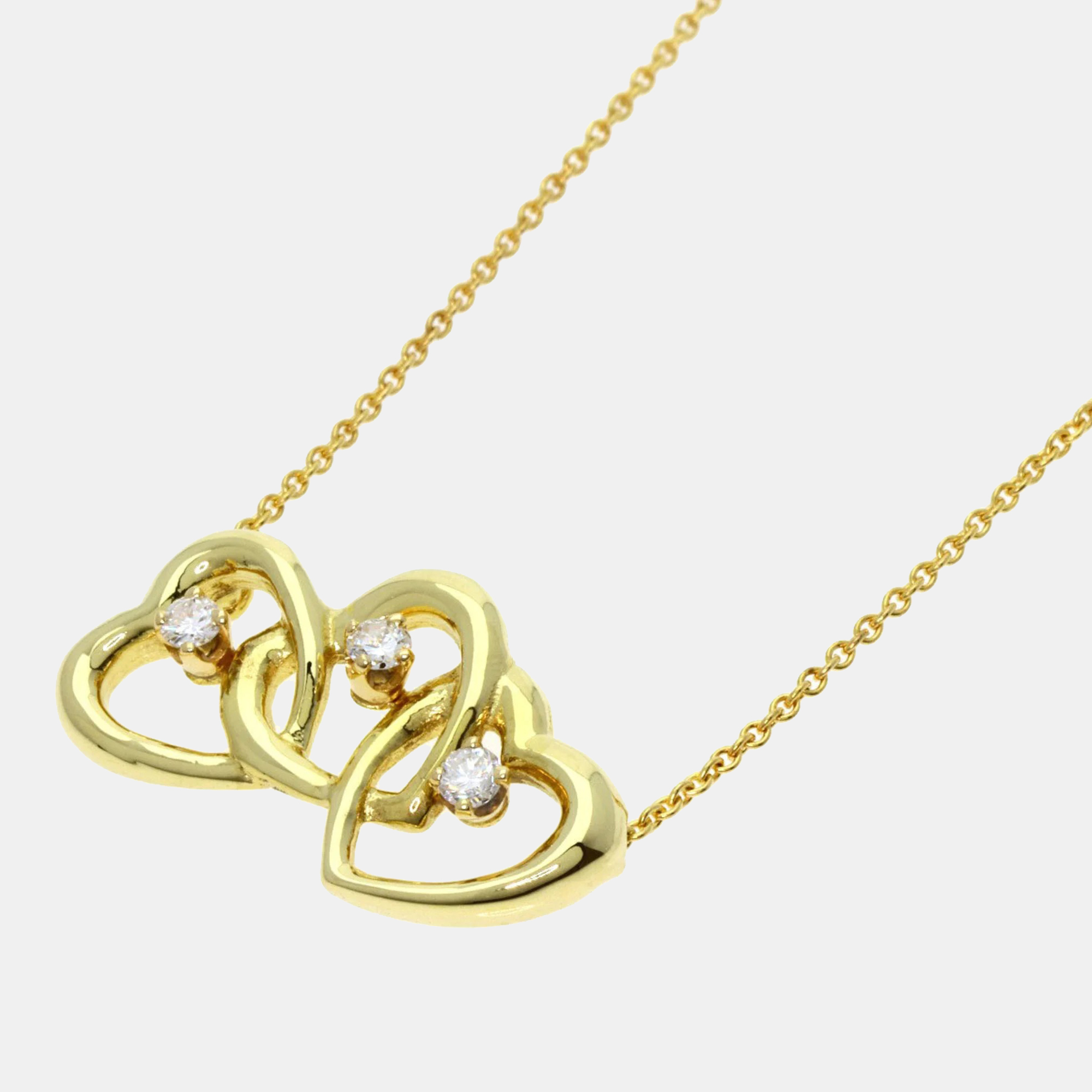 Pre-owned Tiffany & Co 18k Yellow Gold And Diamond Triple Heart Pendant Necklace