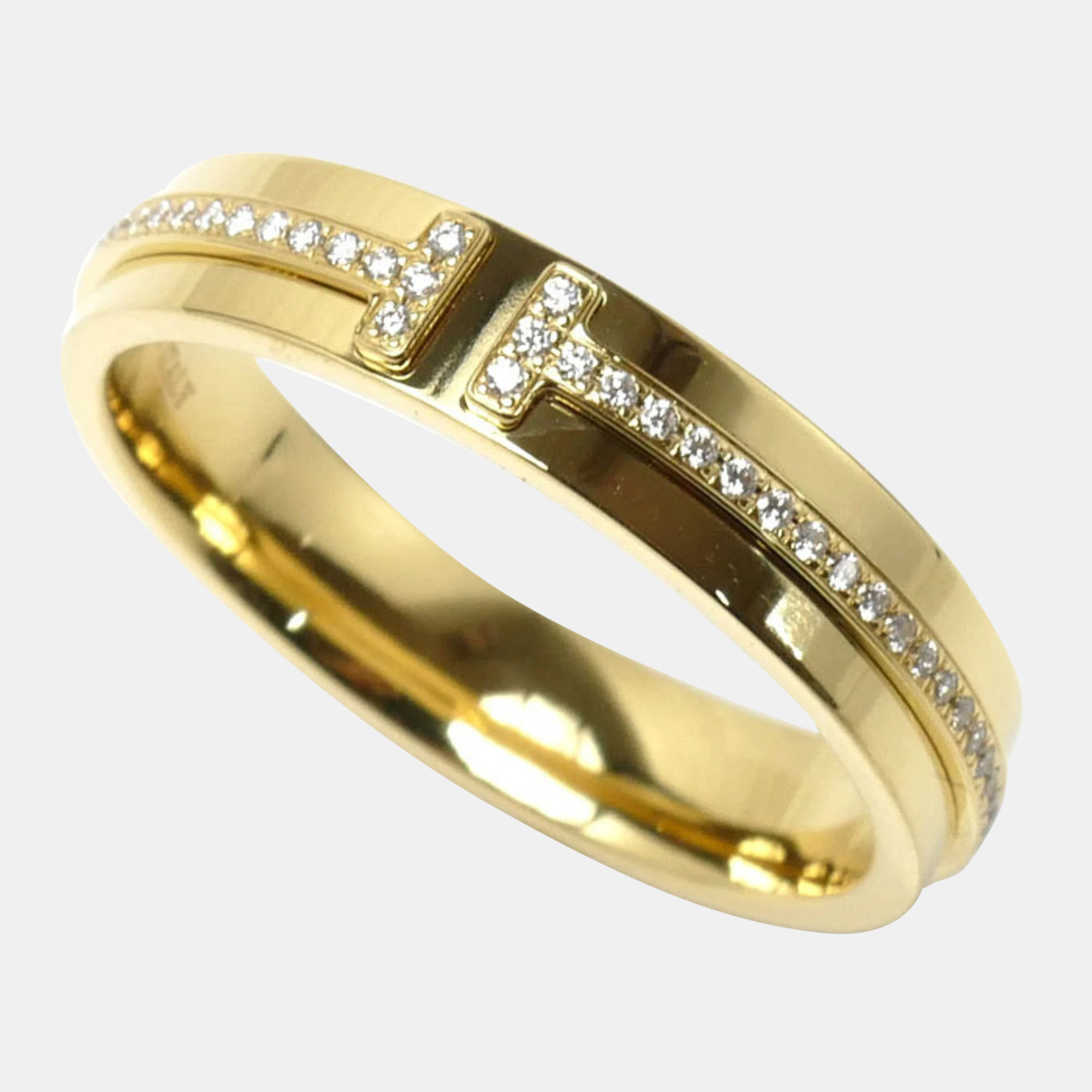 Pre-owned Tiffany & Co 18k Yellow Gold And Diamond T Narrow Band Ring Eu 61