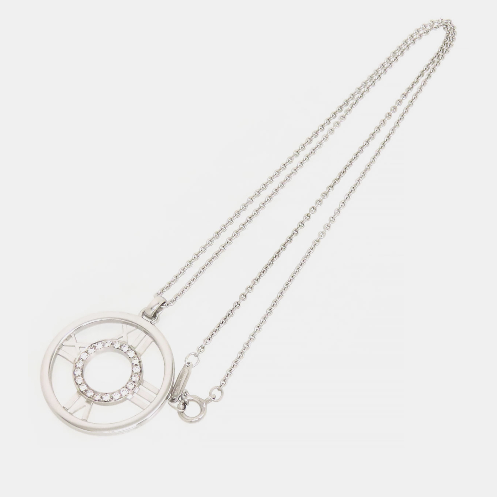 

Tiffany & Co Silver Diamond Atlas Open Medallion Necklace