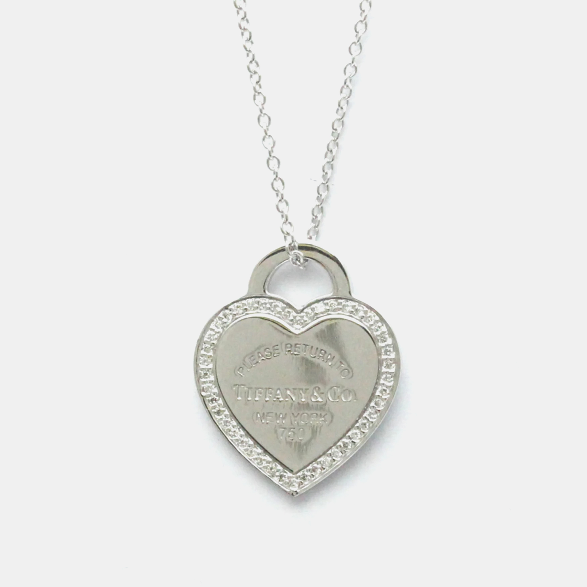 Pre-owned Tiffany & Co 18k White Gold And Diamond Return To Tiffany Heart Tag Pendant Necklace
