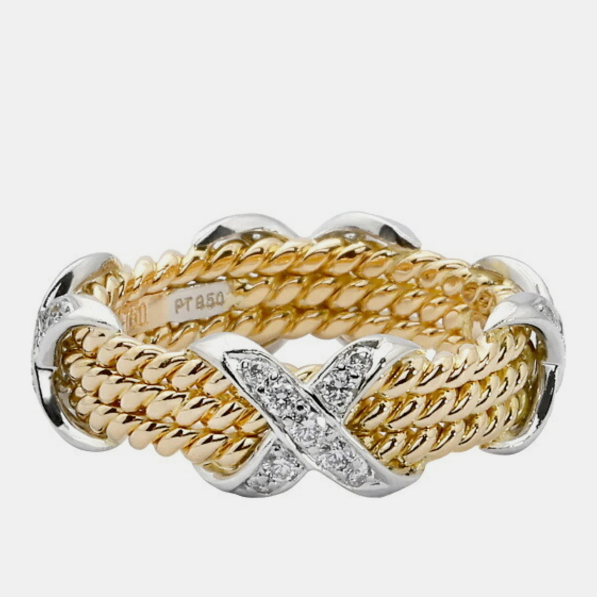 

Tiffany & Co. 18K Yellow Gold Diamonds Platinum 3 Row Rope Jean Schlumberger Lynn Ring US 10