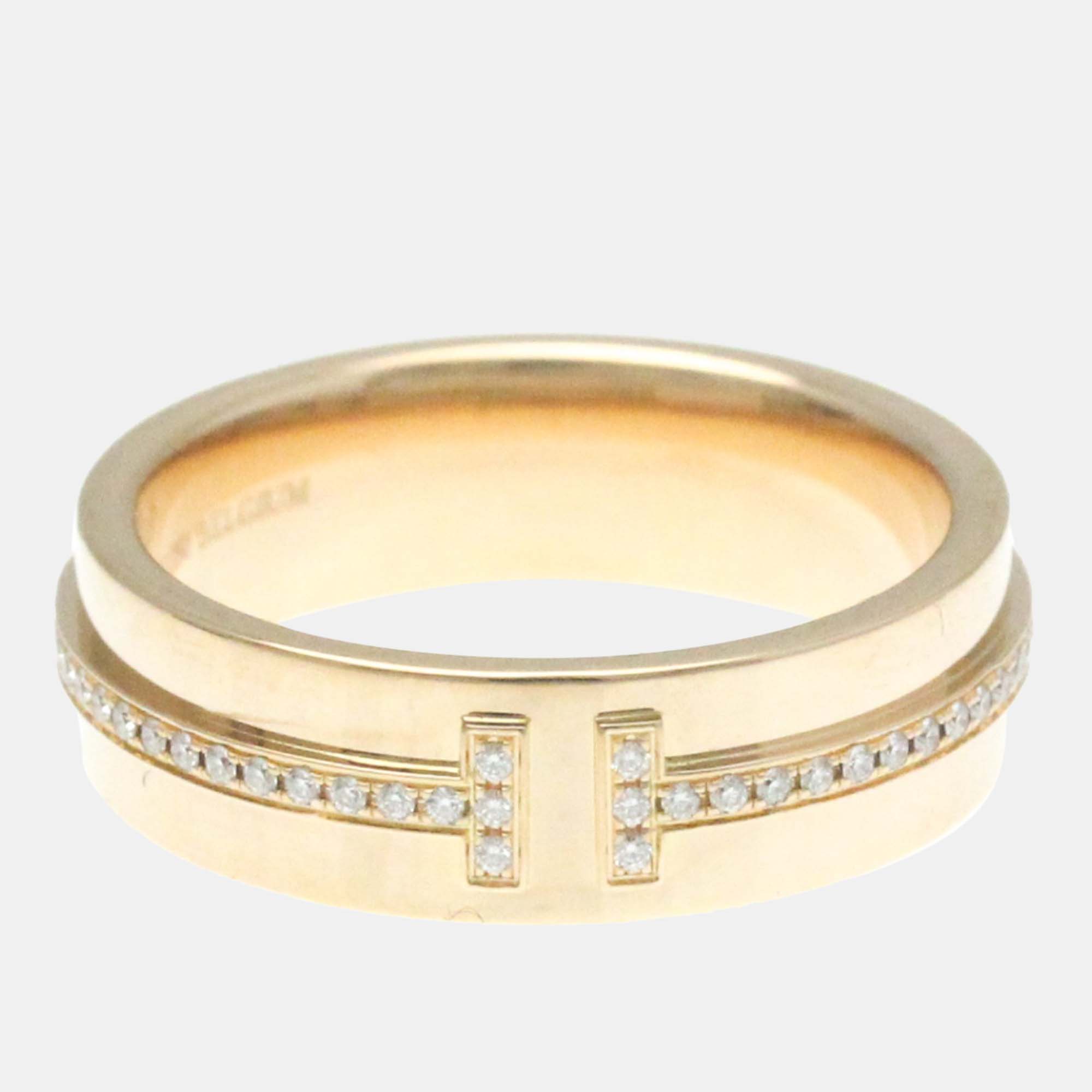 Pre-owned Tiffany & Co 18k Rose Gold And Diamond T Two Narrow Band Ring Eu 50