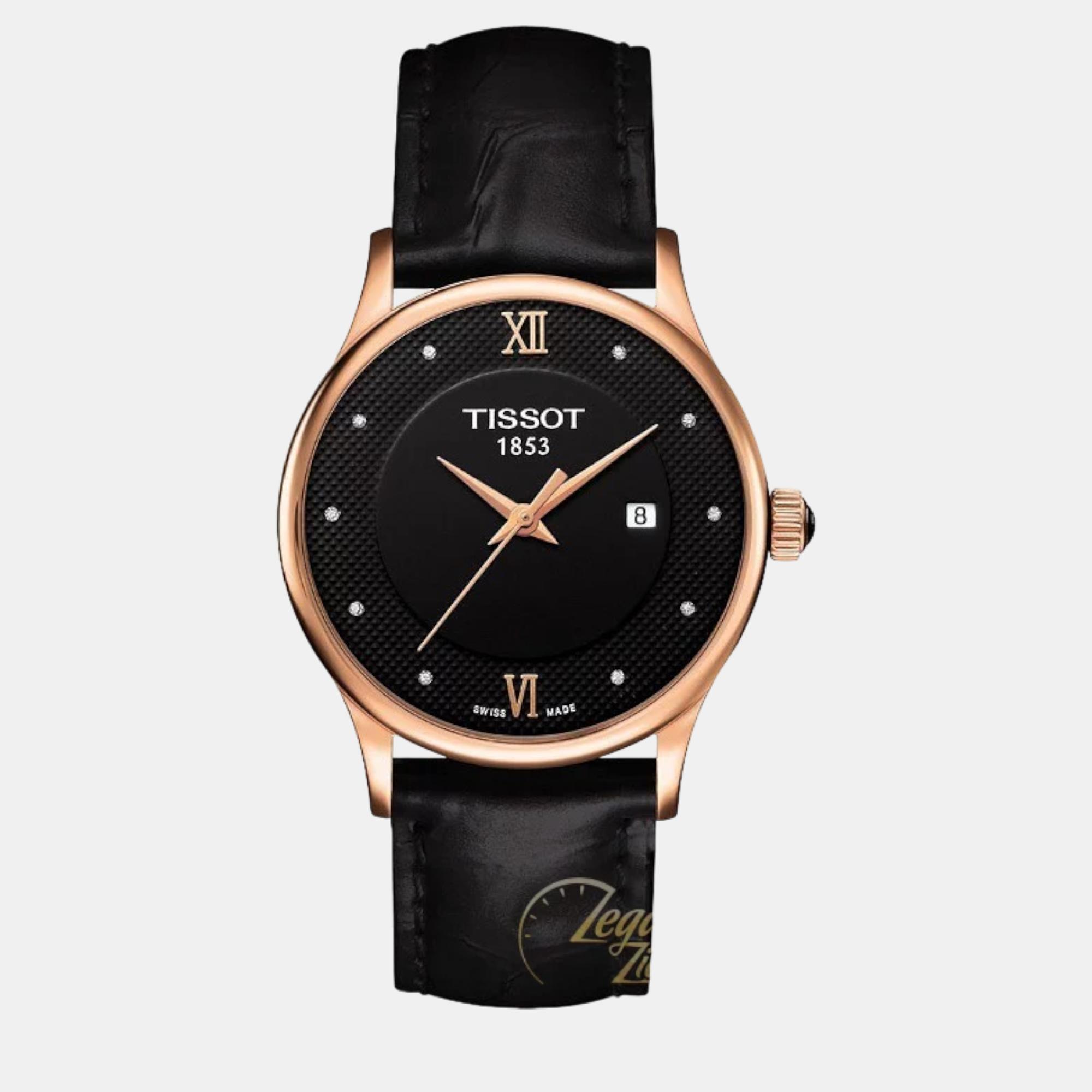 Pre-owned Tissot Rose Dream Lady Quartz Diamond 18k Gold Case Black Dial Watch T9142107605600 30mm