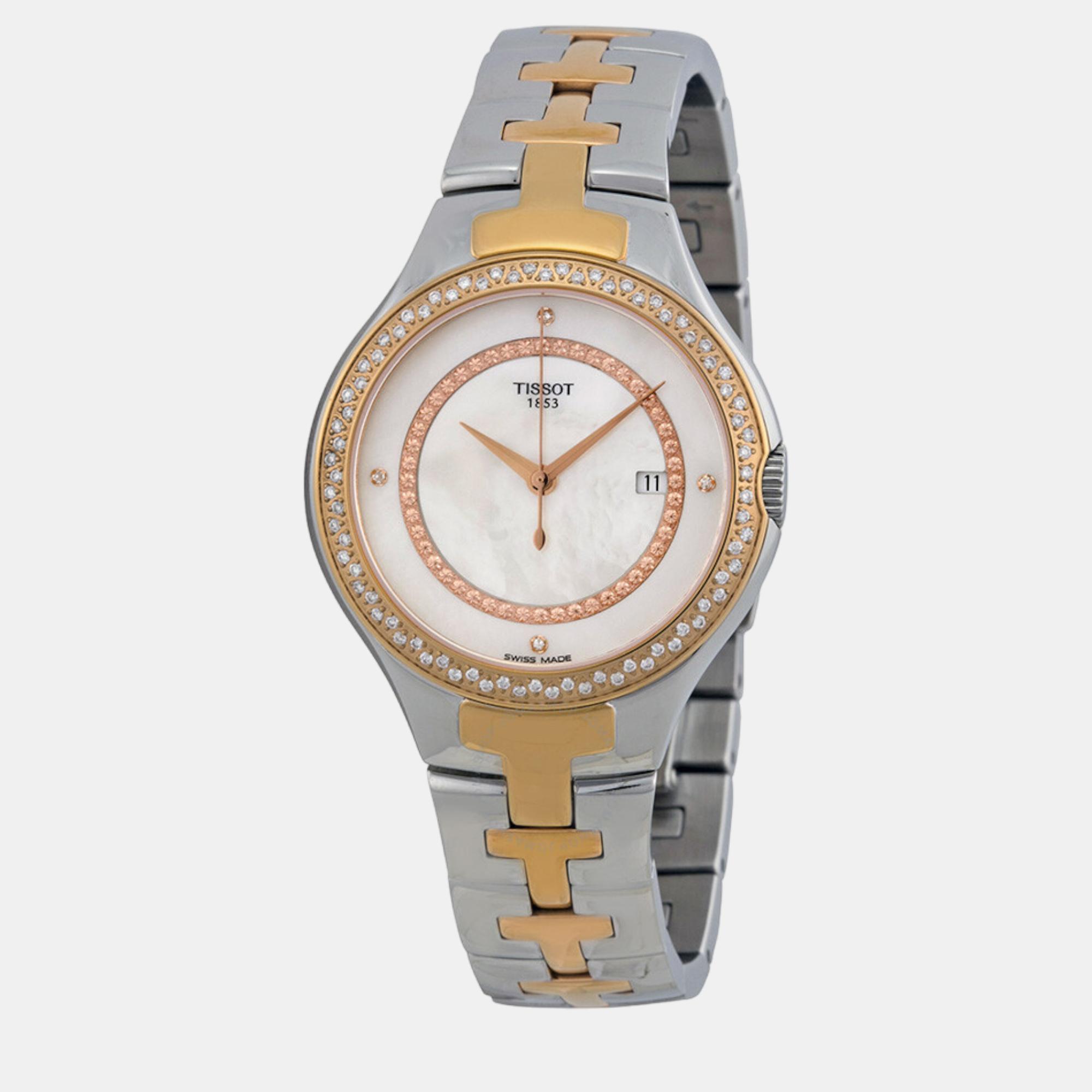 Pre-owned Tissot T12 Mother Of Pearl Dial Diamond Two-tone Watch T0822106211600 34mm In White