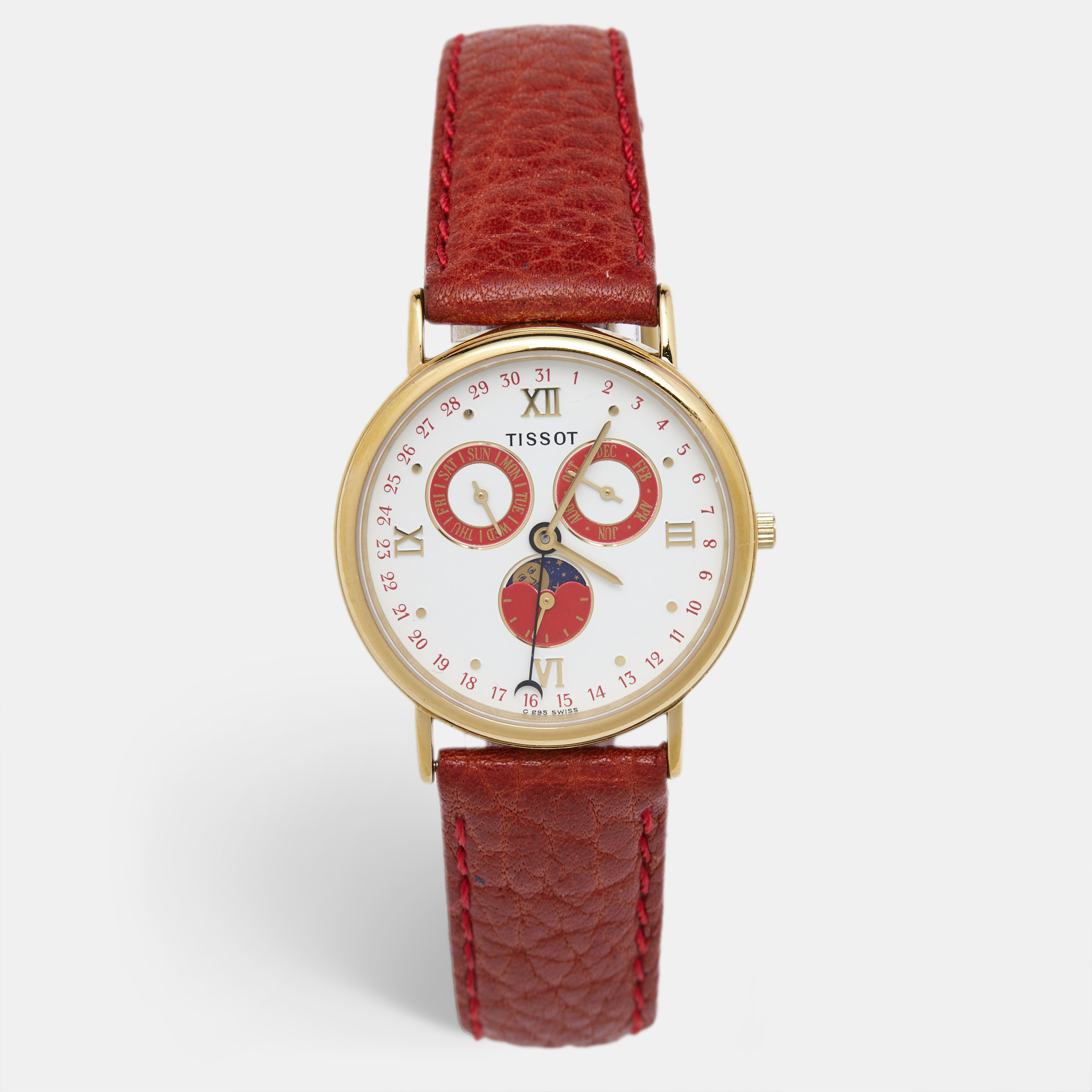 

Tissot White Dial Yellow Gold Plated Leather Vintage Moon Phase Annual Calendar C295 Women's Wristwatch, Red