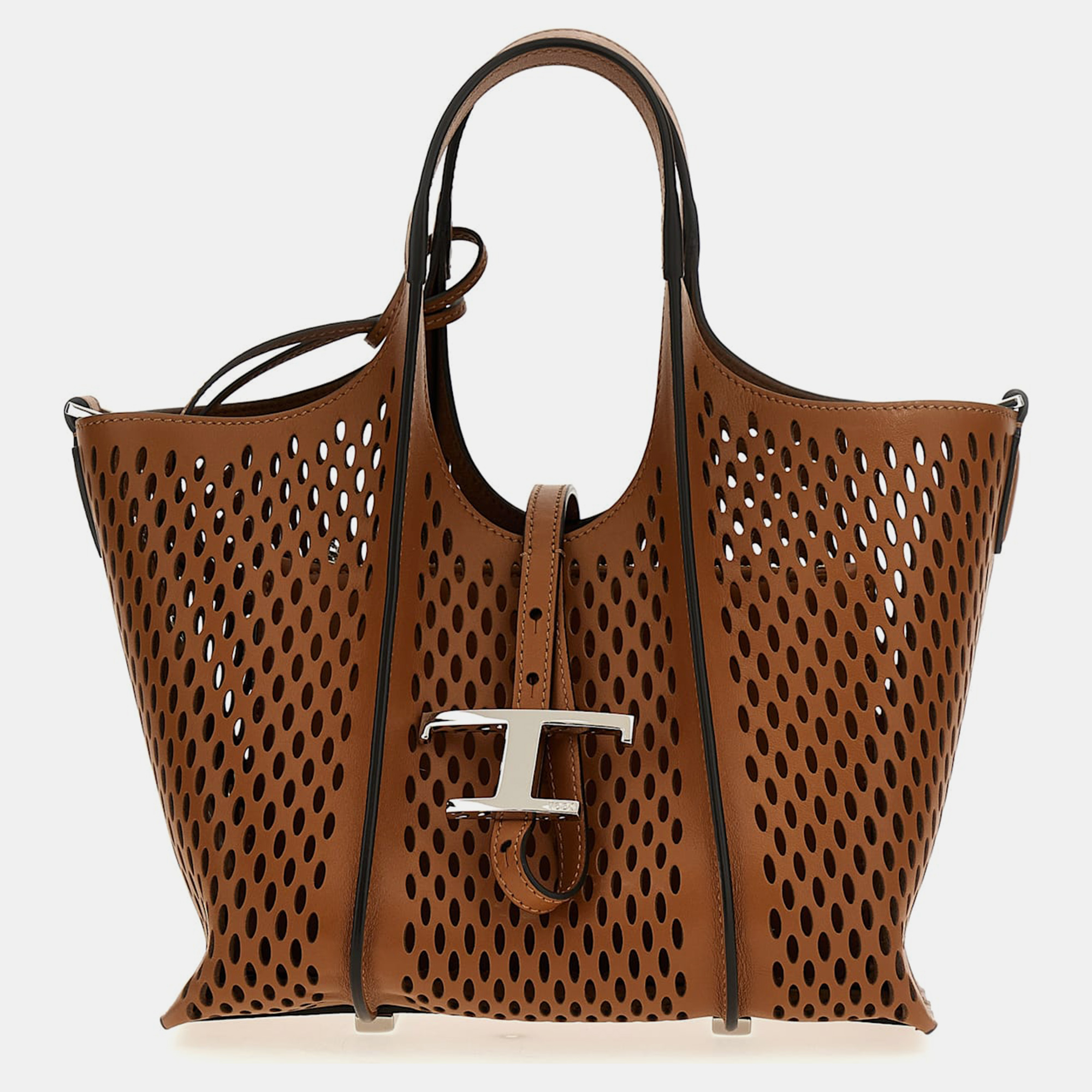 

Tods Brown Calfskin Leather Mini T Timless Shopping Bag