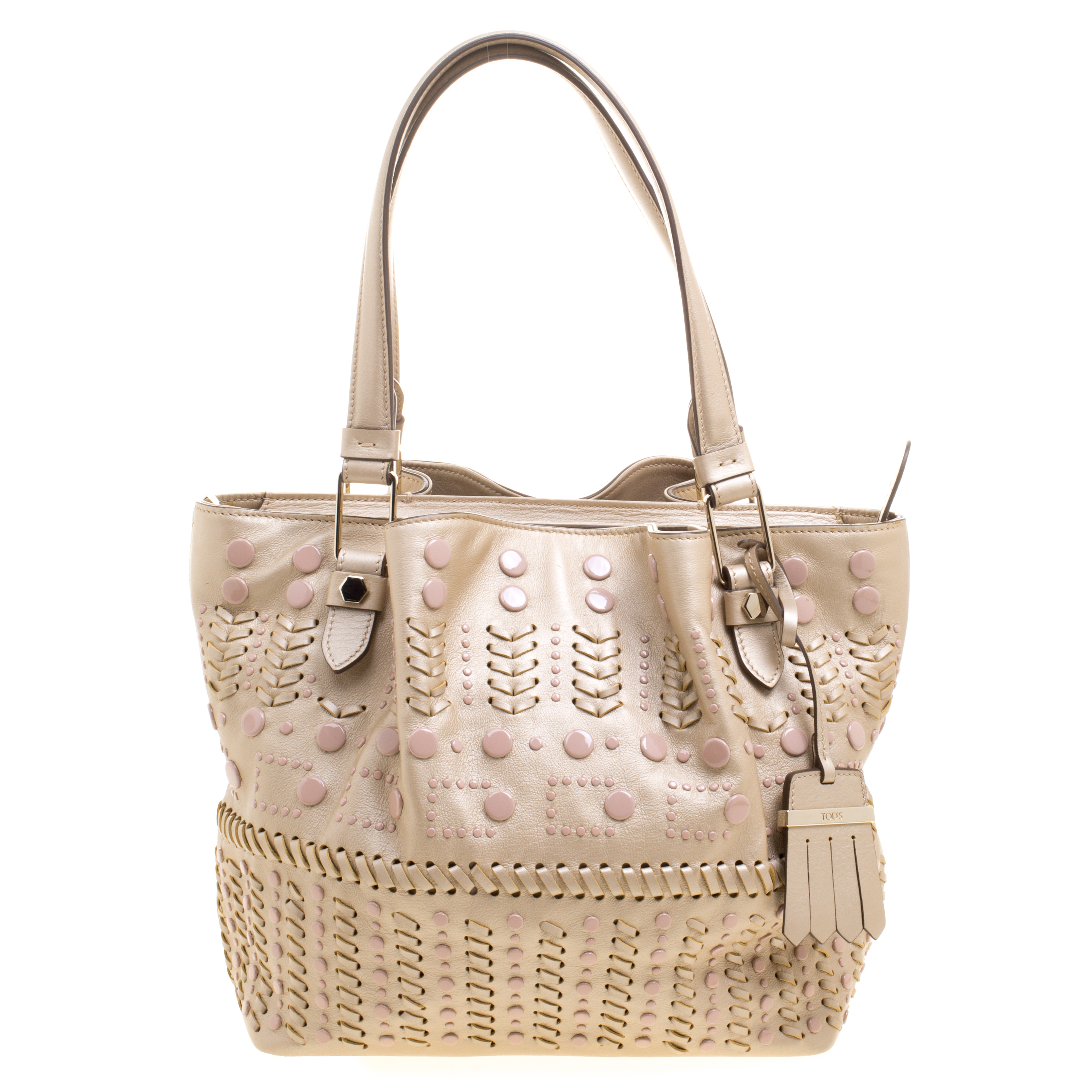 Pre Owned Tod's Metallic Beige Leather Small Studded Flower Tote